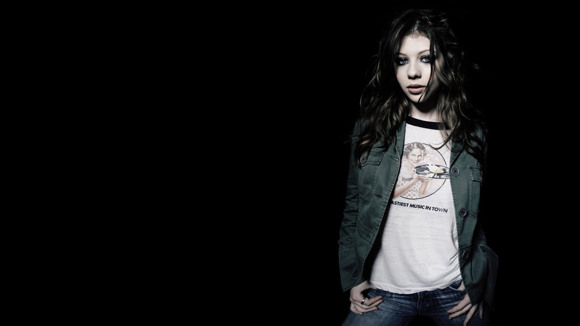 contemplation, pants, blue eyes, jacket, portrait, looking, front view, standing, jeans, long hair, hairstyle, Michelle Trachtenberg, child, teenager, 1080P, HD Wallpaper