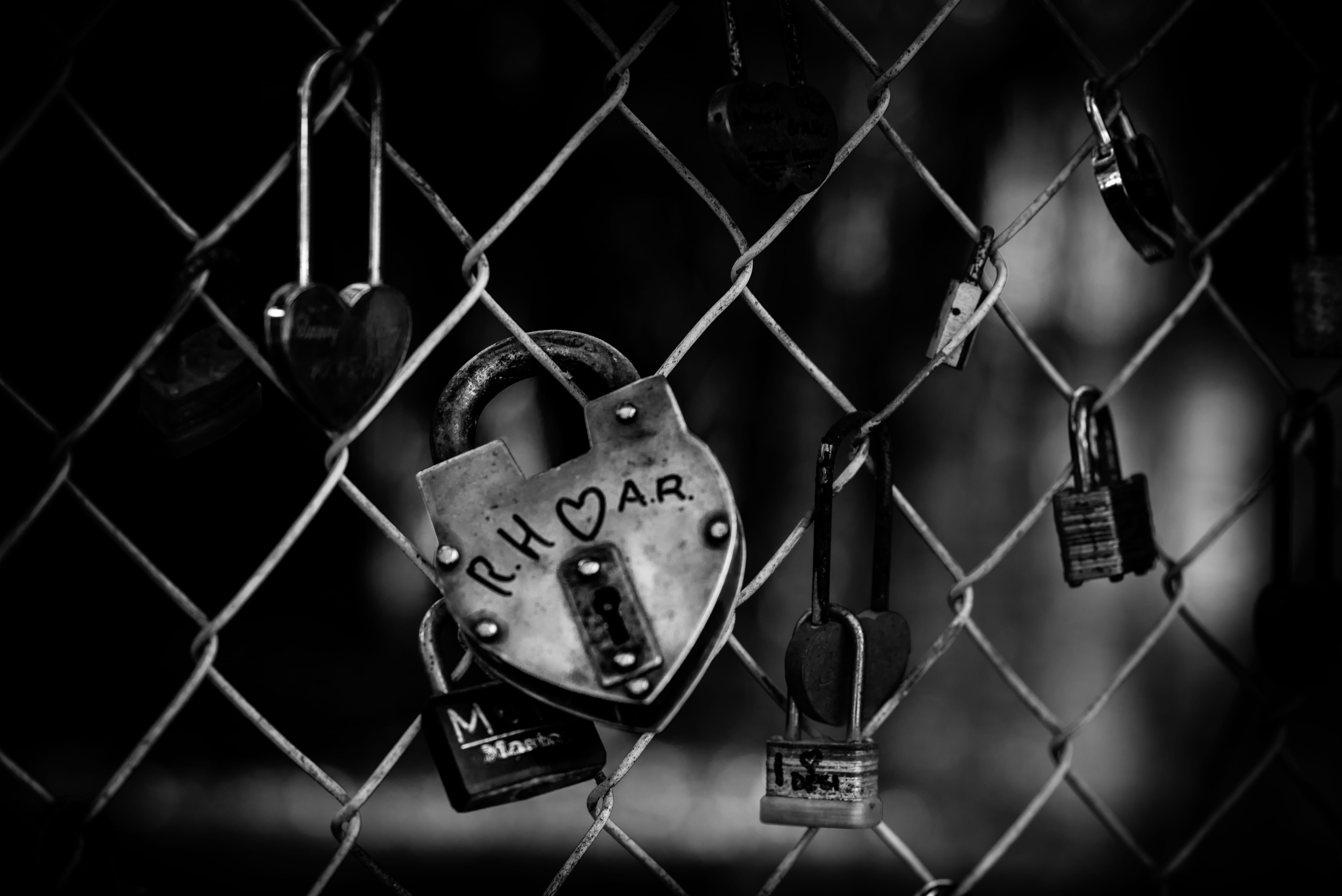 5K, safety, communication, dark, fence, protection, focus on foreground, iron, love, hanging, locks, royalty  images, risk, black background, barrier, HD Wallpaper
