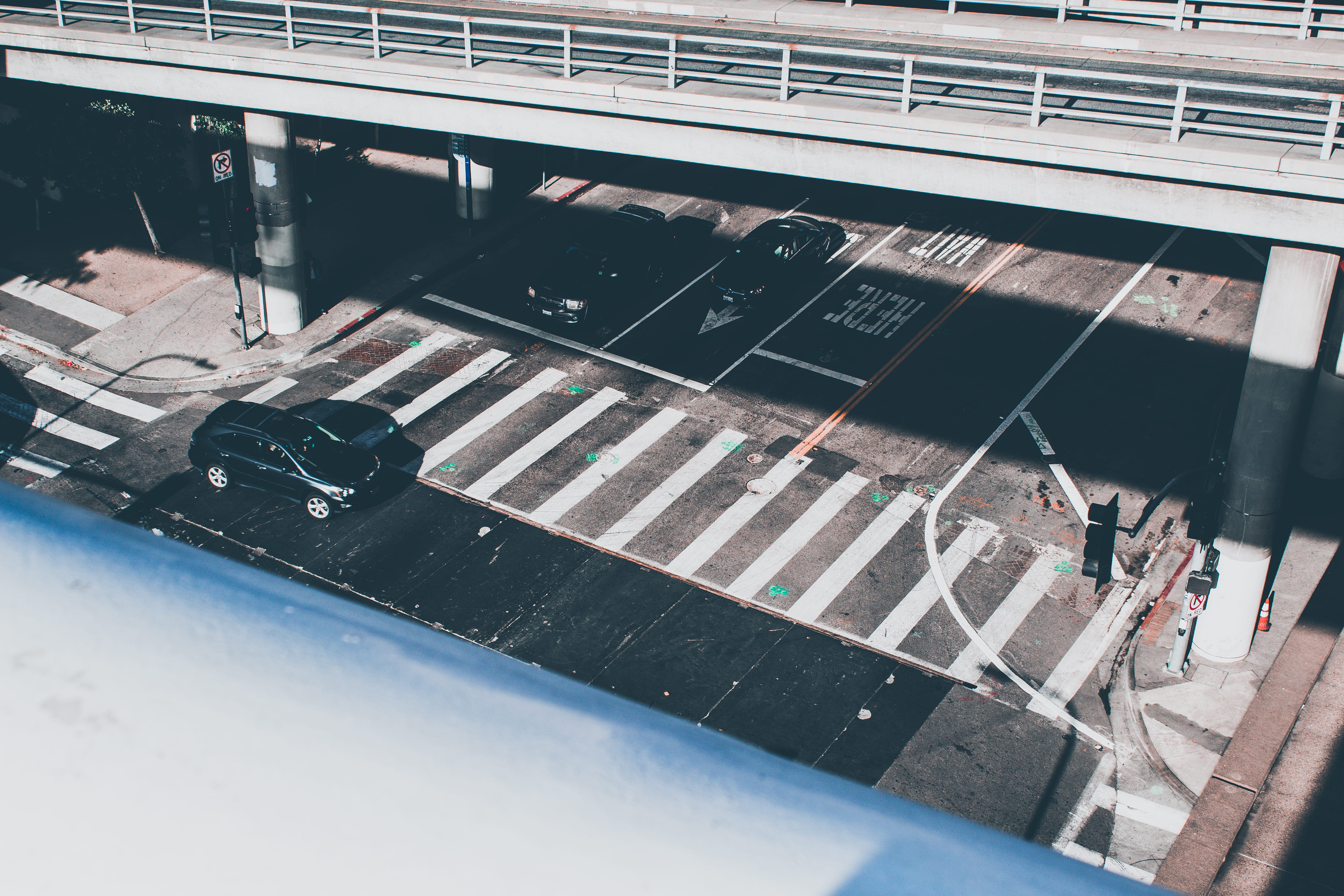track, urban, building, zebra crossing, handrail, town, bridge, mode of transportation, sunlight, city, nature, architecture, office building, street, transportation, HD Wallpaper