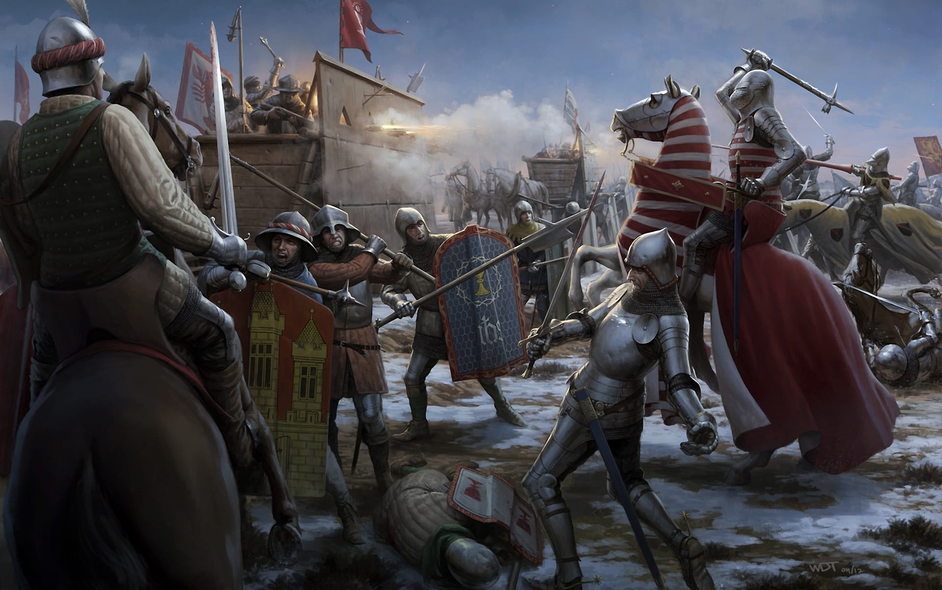 flag, horse, nautical vessel, brown, banner, aggression, weapons, smoke - physical structure, people, day, real people, nature, sword, white, 1080P, horses, HD Wallpaper