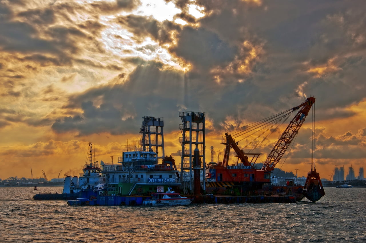 sailing, sunrays, harbor, nautical Vessel, industrial Ship, 720P, sea, cargo Container, freight Transportation, business, Dredger, commercial Dock, sky, HD Wallpaper