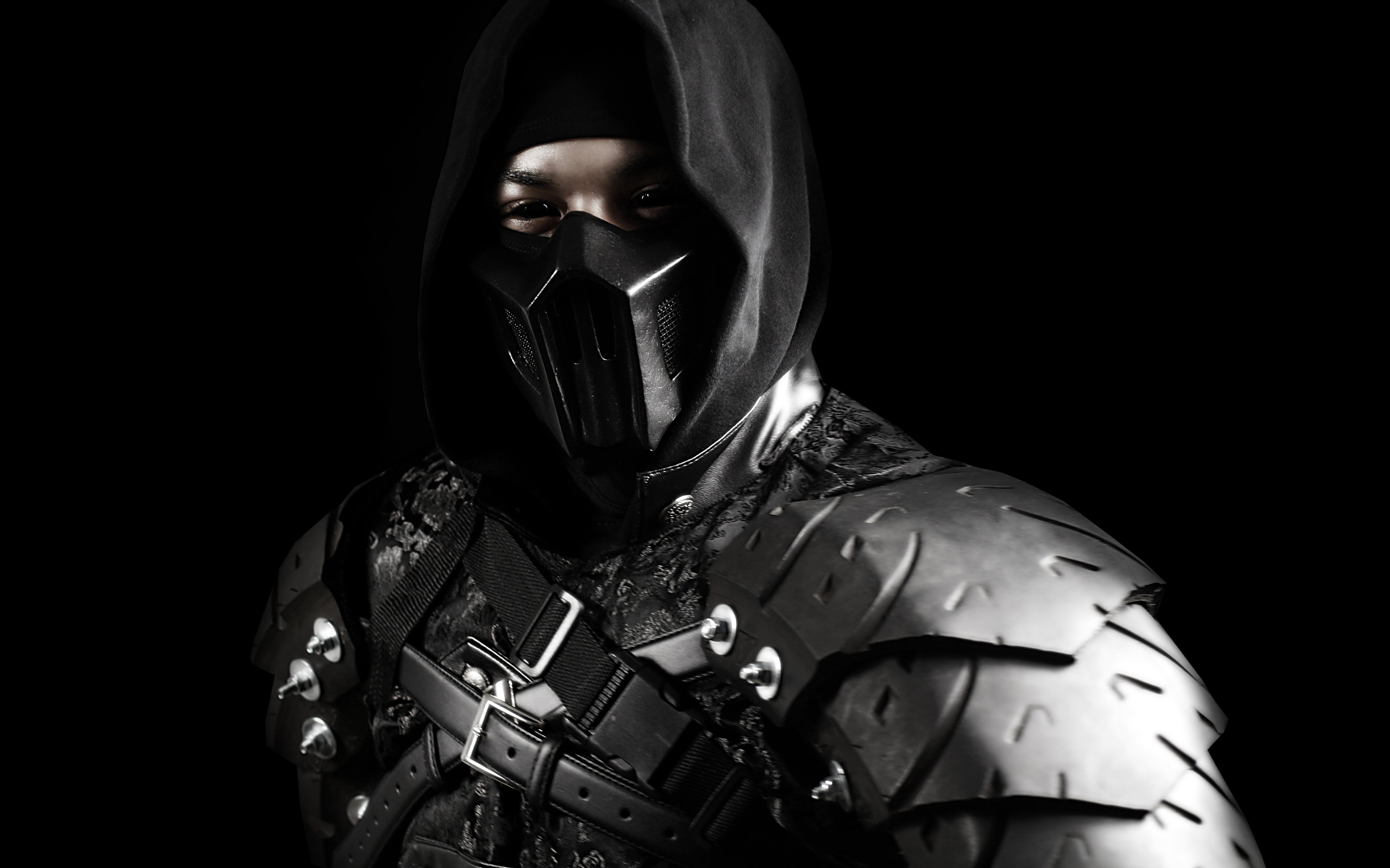 sword, war, black Color, Noob Saibot, portrait, plastic, headshot, suit, waist up, judgment Day - Apocalypse, futuristic, headwear, black, hood - clothing, HD Wallpaper