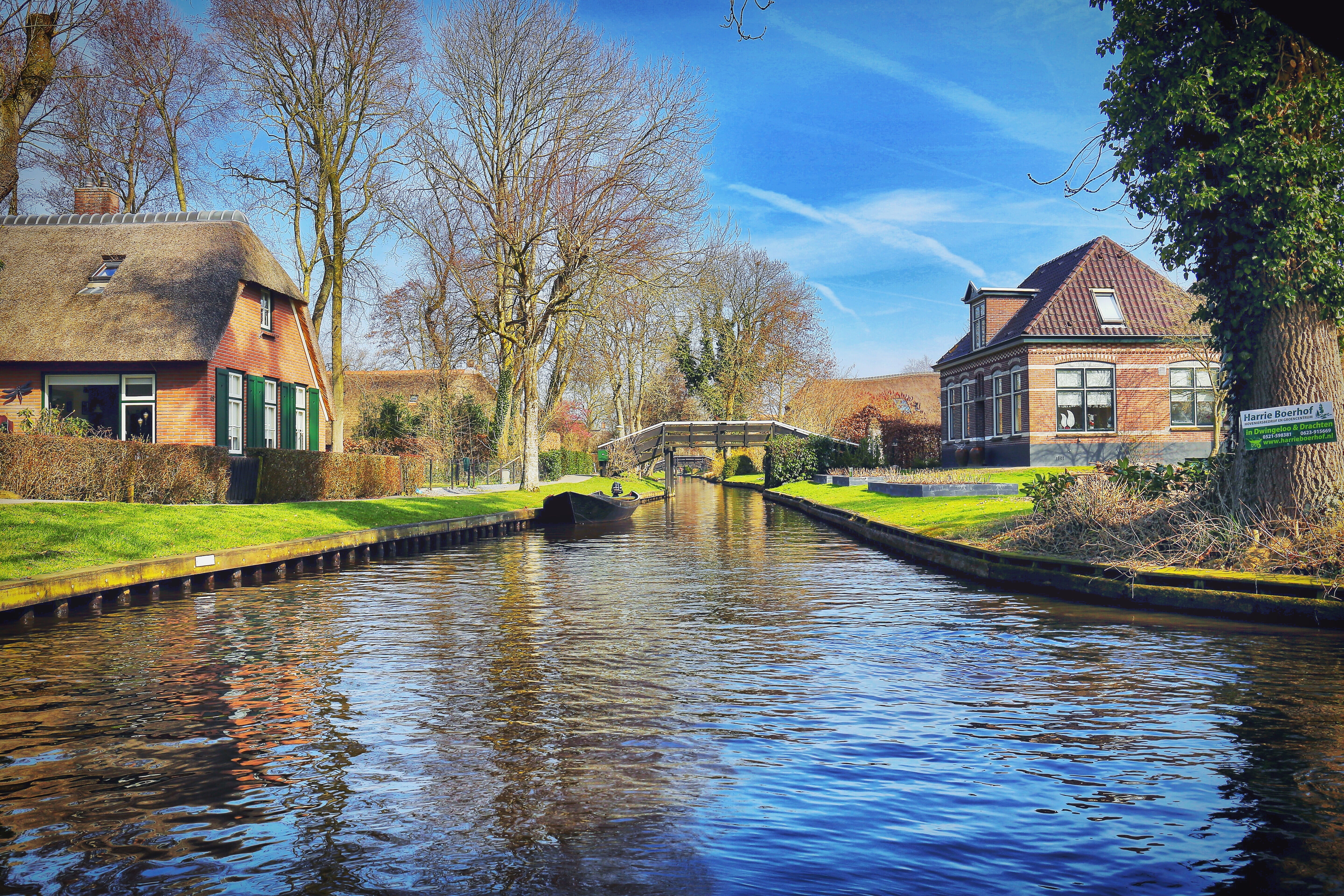 no people, bridge - man made structure, load other, reflection, tree, canal, waterfront, nature, 5K, connection, giethoorn, building exterior, day, travel, HD Wallpaper