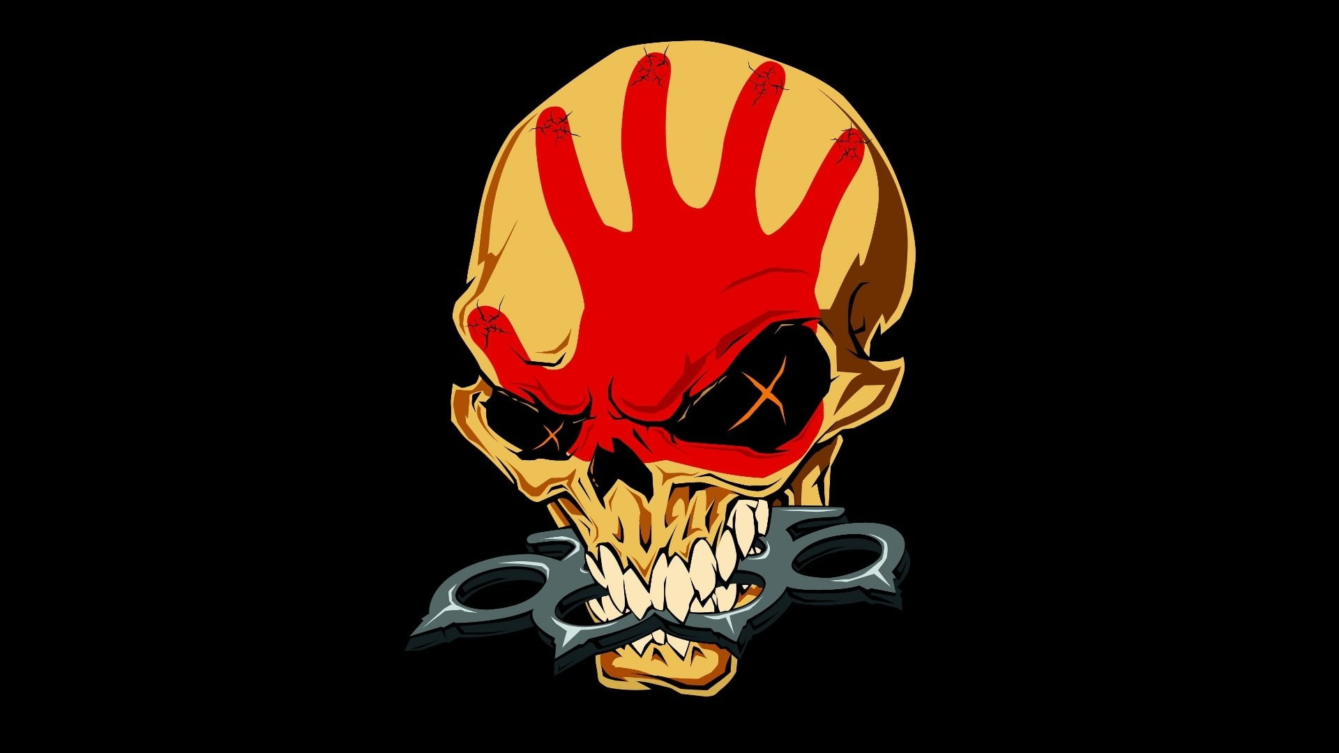 Five Finger Death Punch, Band (Music), skull, yellow, 1080P, Weapon, illustration, red, HD Wallpaper