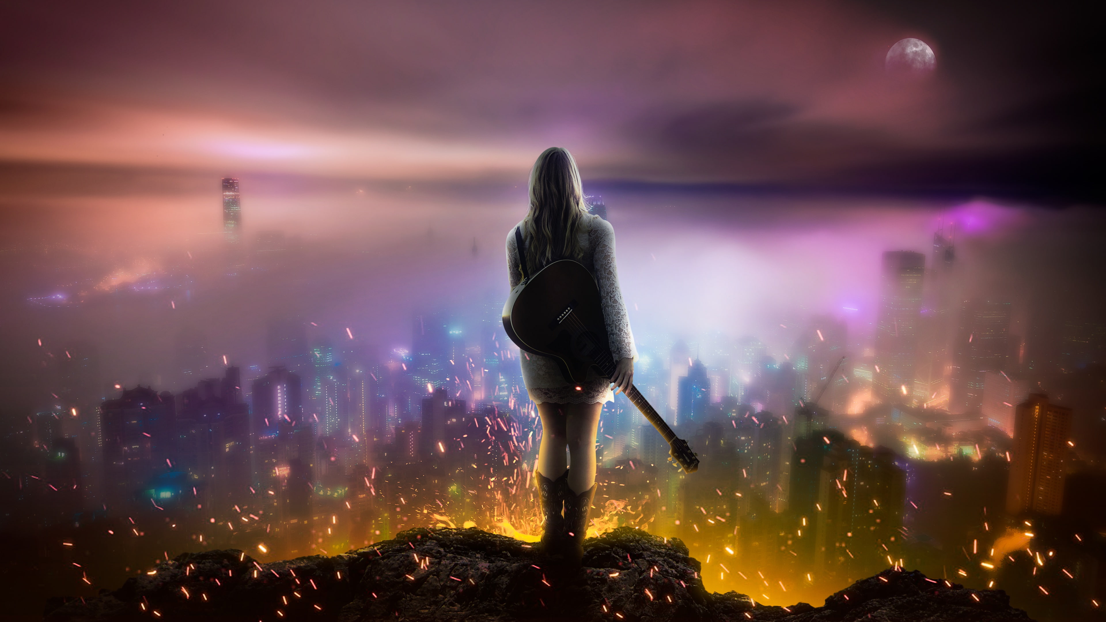 4K, Music, Girl, Dream, Guitar, Night, 4K, City, HD Wallpaper