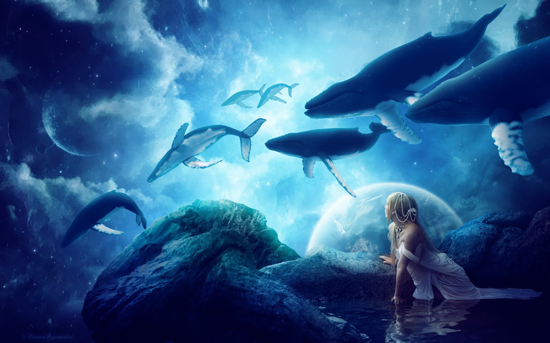 underwater, whale, dark fantasy, one person, animal wildlife, marine, animals in the wild, undersea, whales, child, swimming, aquarium, illustration, woman, HD Wallpaper