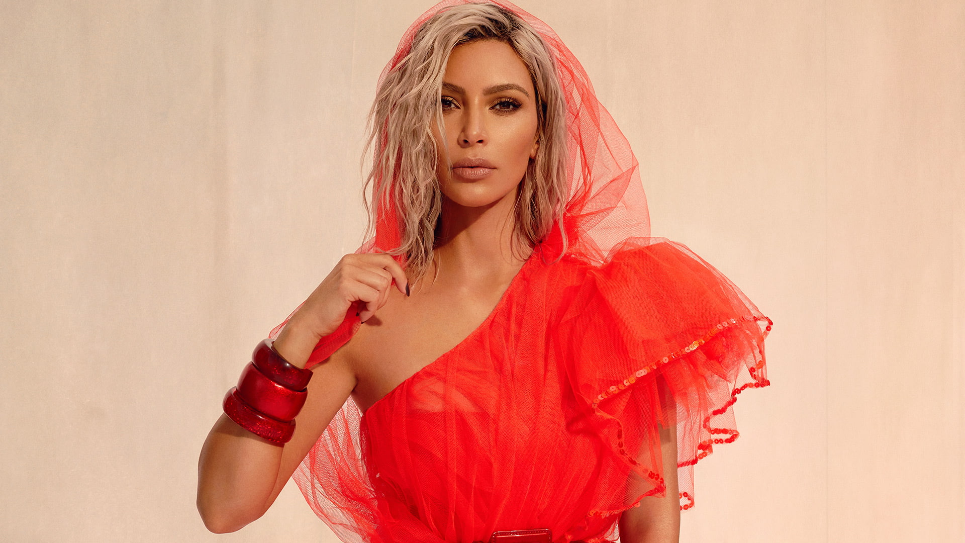 young women, red, Kardashian, front view, Vogue, women, portrait, 1080P, hairstyle, waist up, standing, India, beige background, human arm, beauty, studio shot, HD Wallpaper