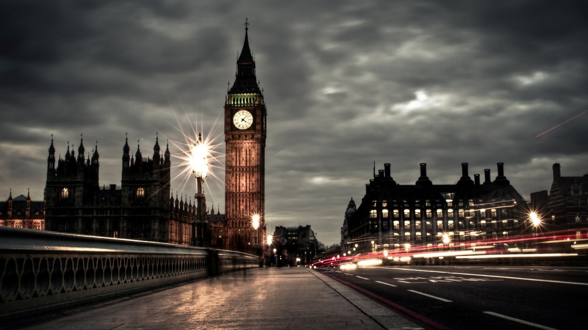 bridge, HDR, night, motion, sky, building exterior, Big Ben, city life, no people, lights, 1080P, elizabeth, bridge - man made structure, clocktowers, HD Wallpaper