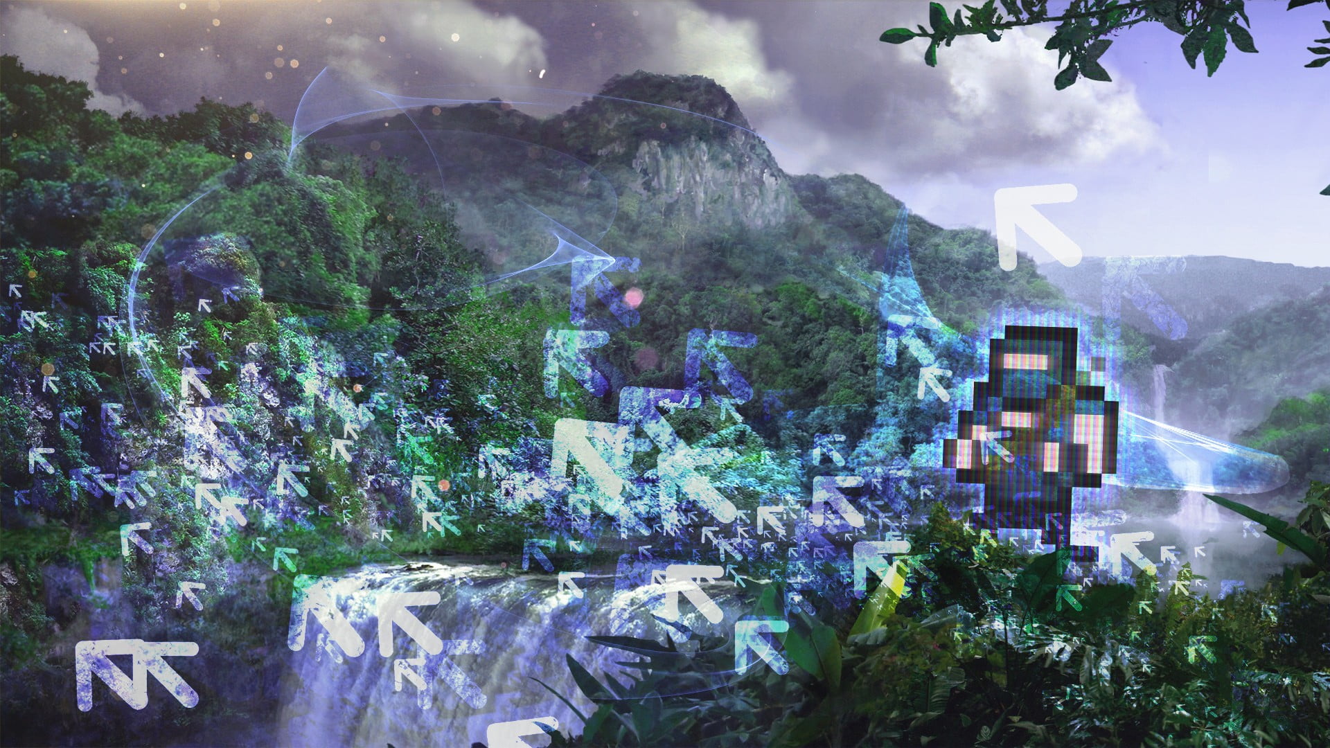 tree, digital composite, sky, no people, waterfalls, built structure, nature, fog, city, arrows (design), blue, cloud - sky, video games, building exterior, HD Wallpaper