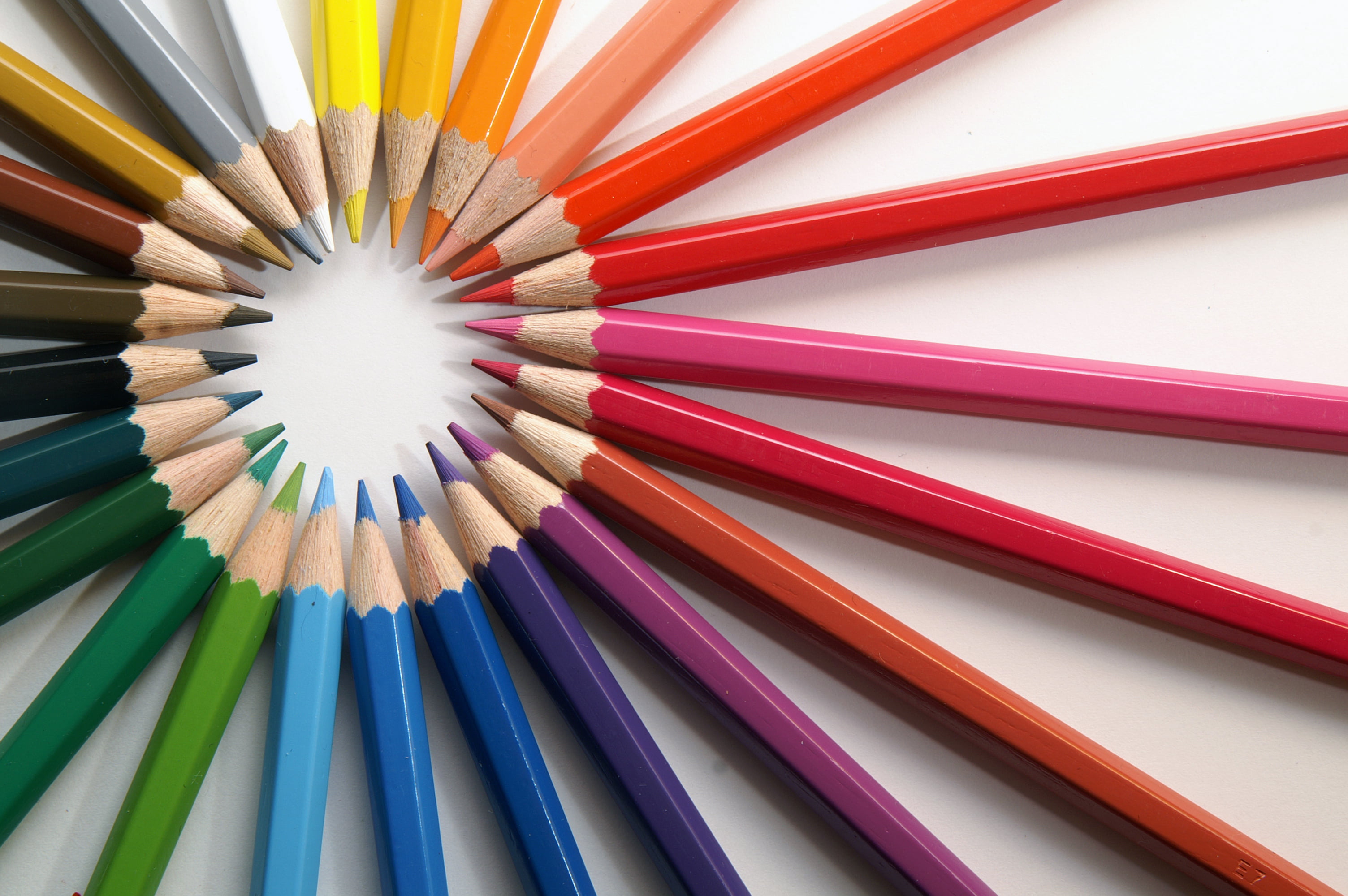 large group of objects, isolated, pink Color, backgrounds, orange Color, white, art, yellow, ideas, pencils, equipment, crayon, white background, colors, HD Wallpaper