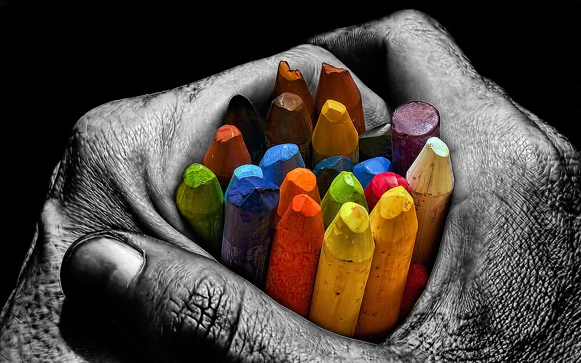 high angle view, art and craft equipment, one person, hands, hand, holding, black background, isolated color, 1080P, art and craft, artwork, pencils, leisure activity, HD Wallpaper