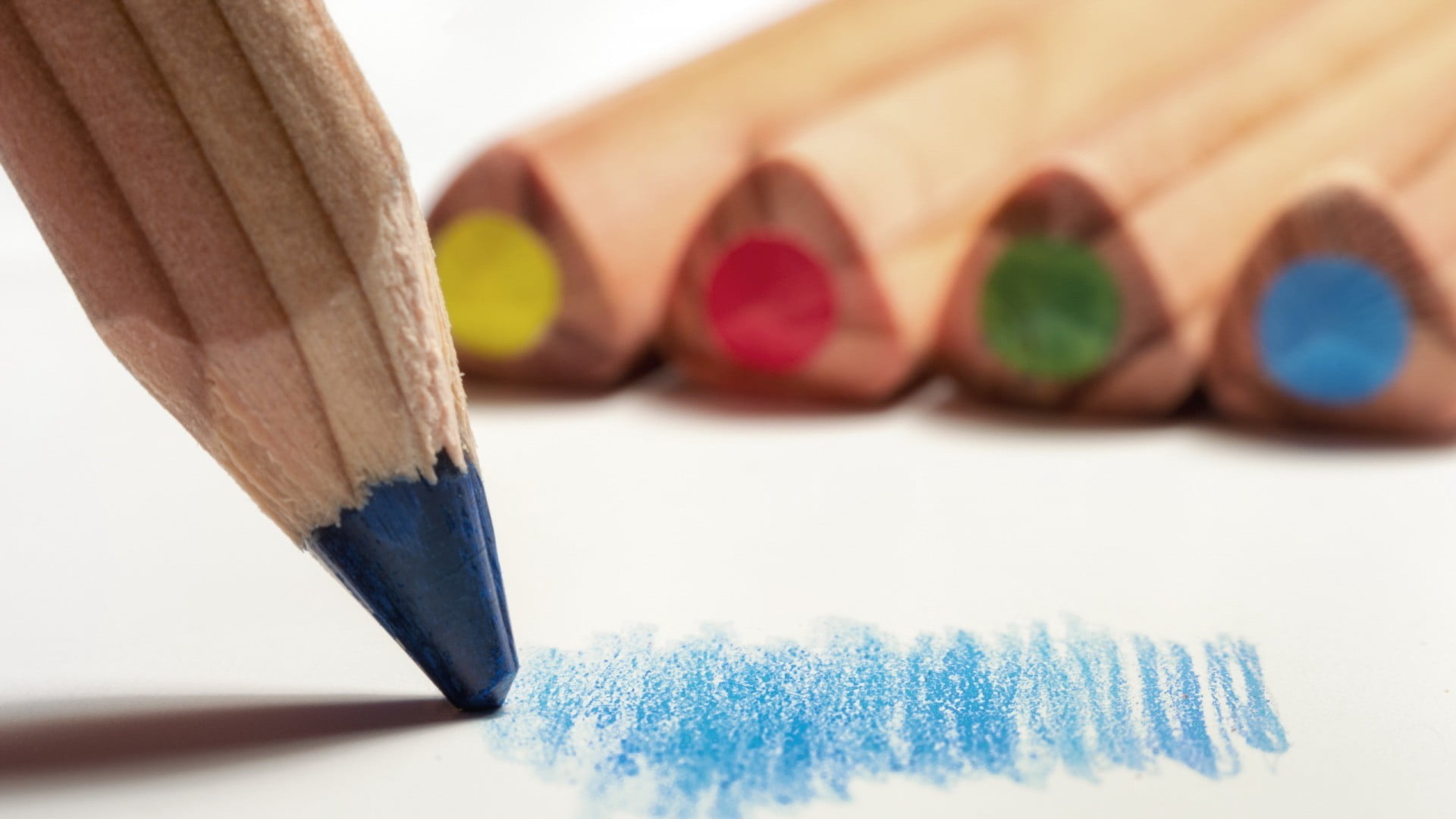 paintbrush, no people, pencil, art and craft equipment, in a row, 1080P, art and craft, wood - material, close-up, blue, brush, indoors, pencils, multi colored, HD Wallpaper
