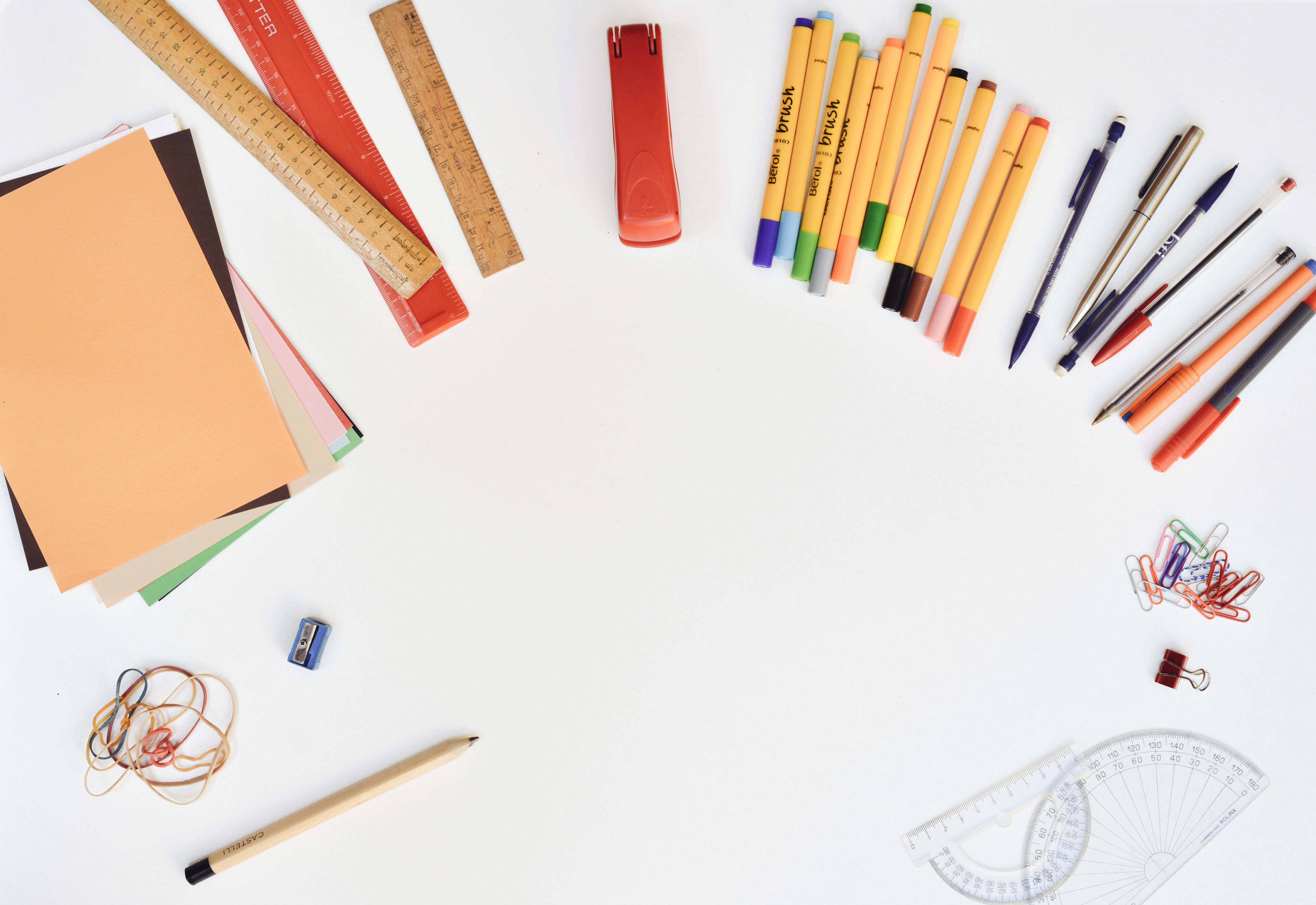 white background, colored pencil, desk, 5K, paper clips, writing instrument, no people, studio shot, lot, art and craft equipment, choice, rubber bands, HD Wallpaper