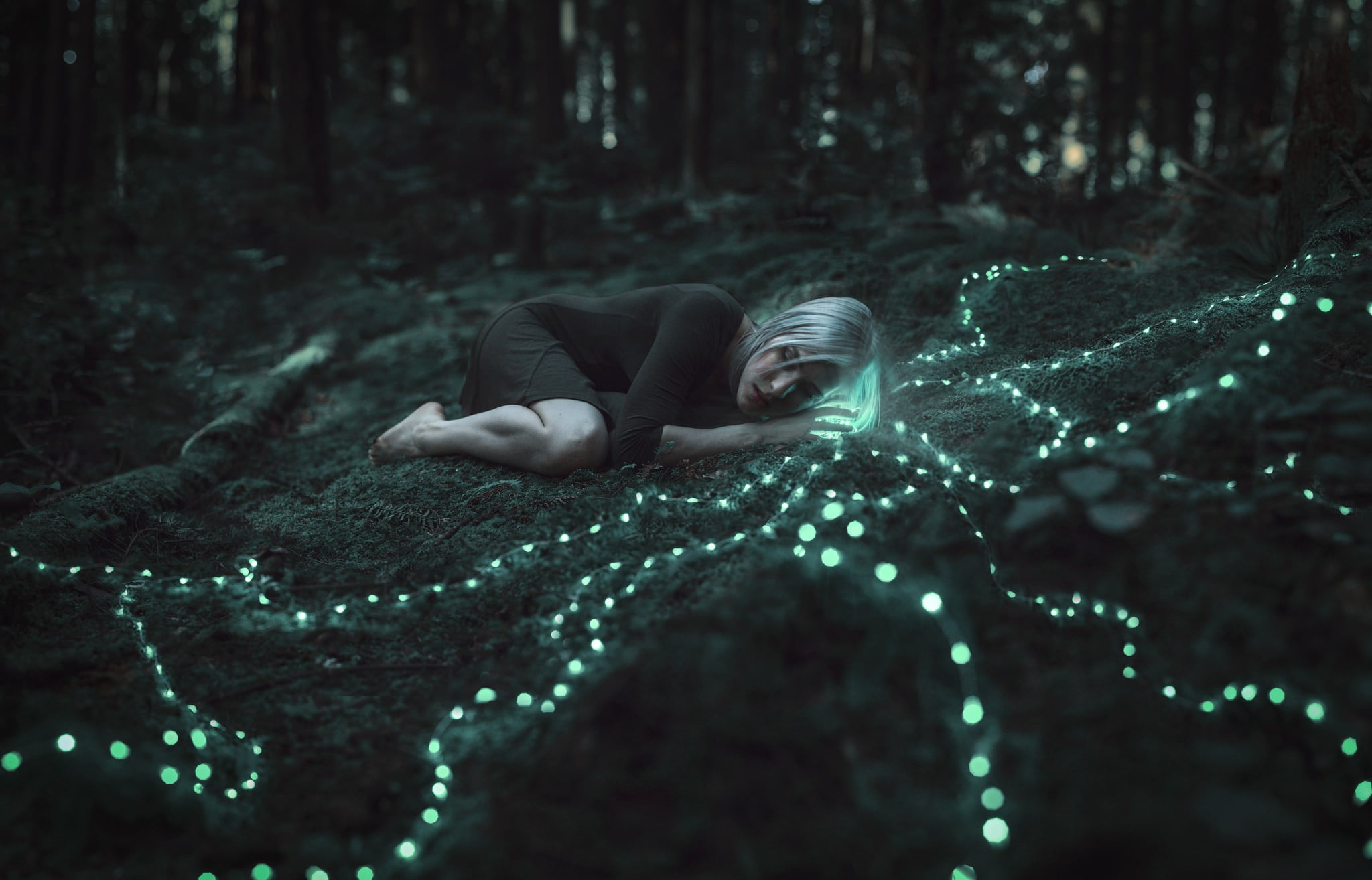 forest, glowing, nature, adult, young women, fetal position, young adult, one person, land, relaxation, real people, lying down, full length, indoors, 1080P, HD Wallpaper
