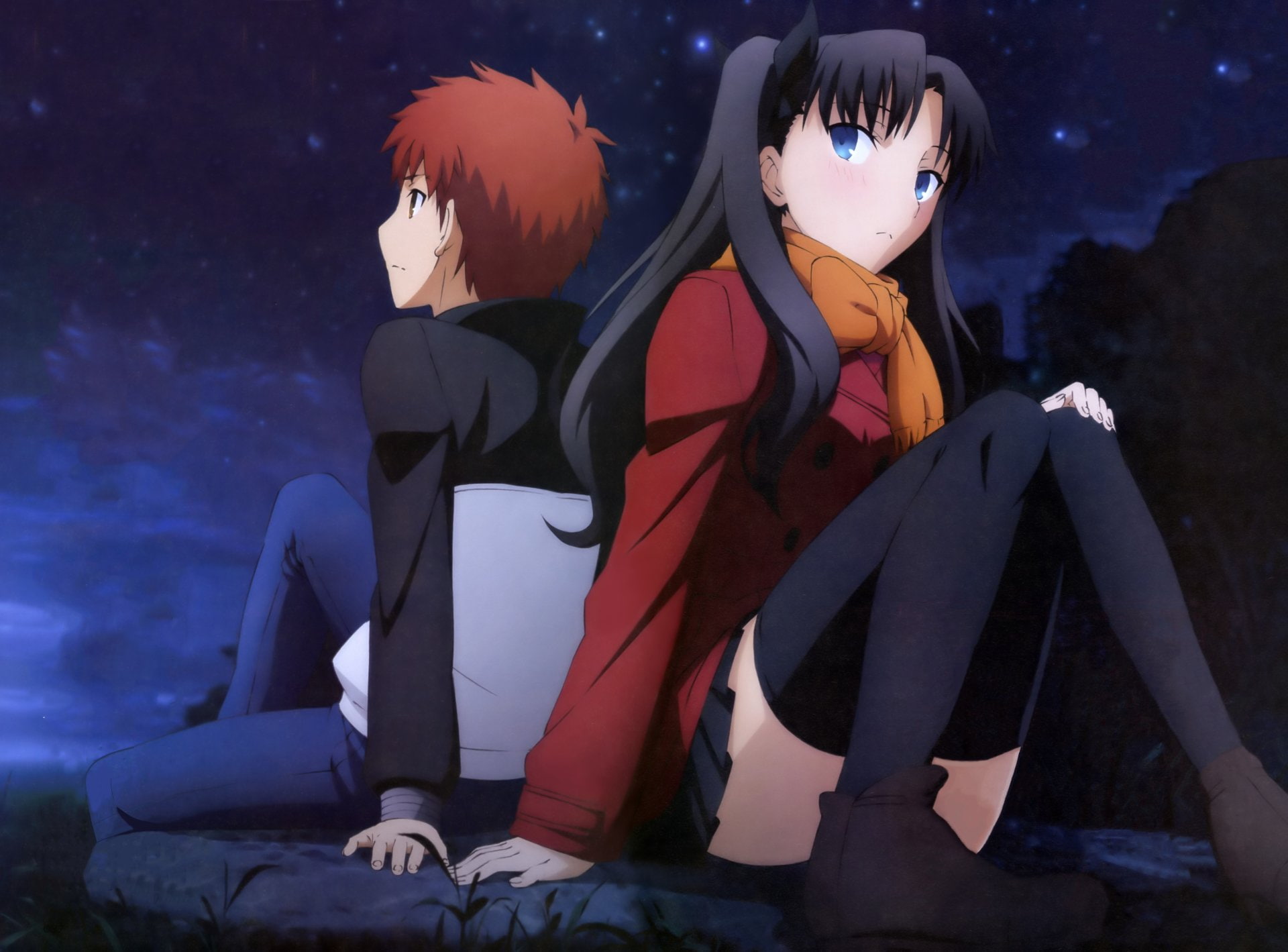 Fate/Stay Night: Unlimited Blade Works, men, toy, women, childhood, disguise, night, 1080P, human representation, two people, Shirou Emiya, sitting, females, HD Wallpaper