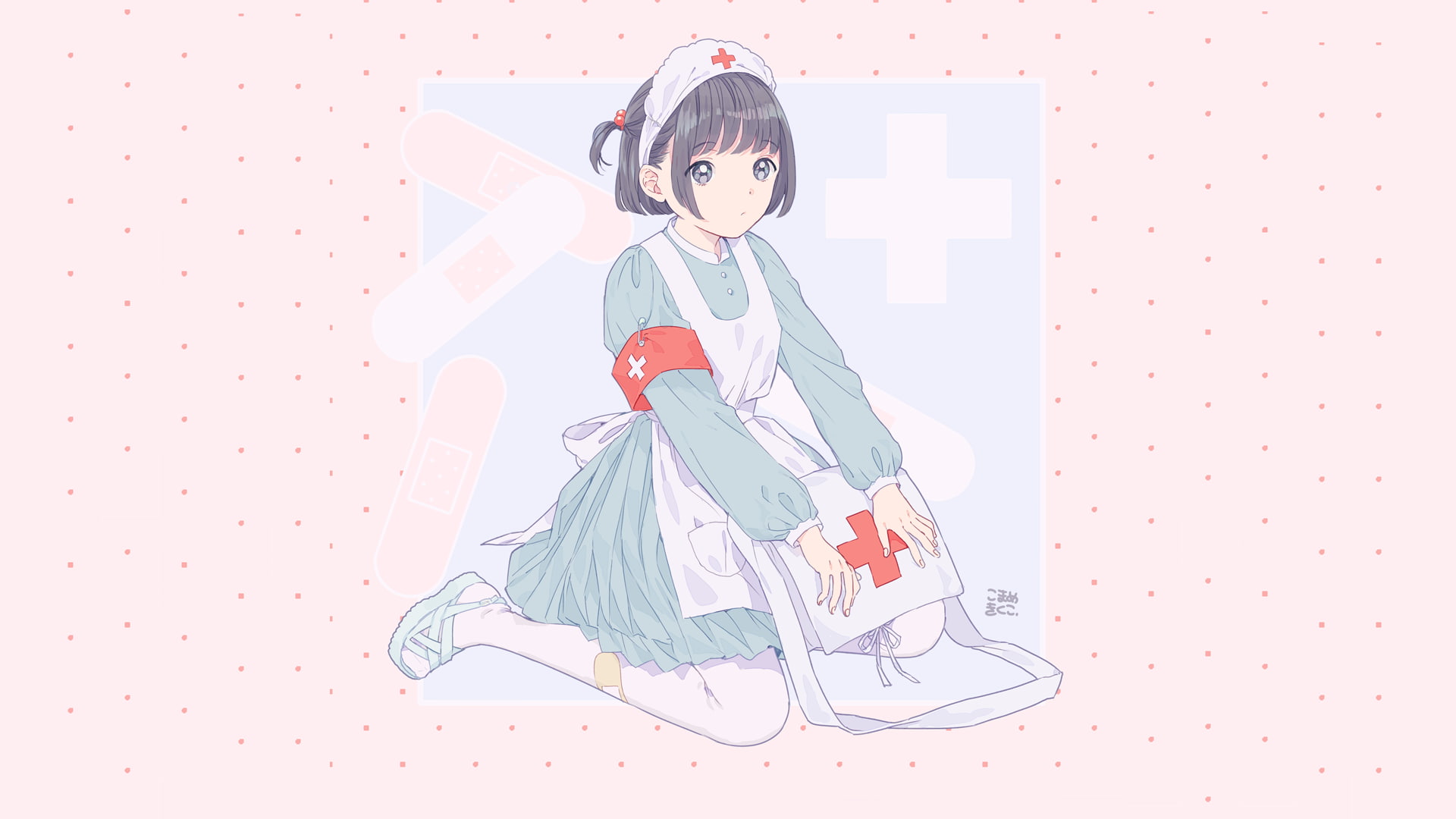 anime girls, 1080P, anime, nurses, simple background, kneeling, HD Wallpaper