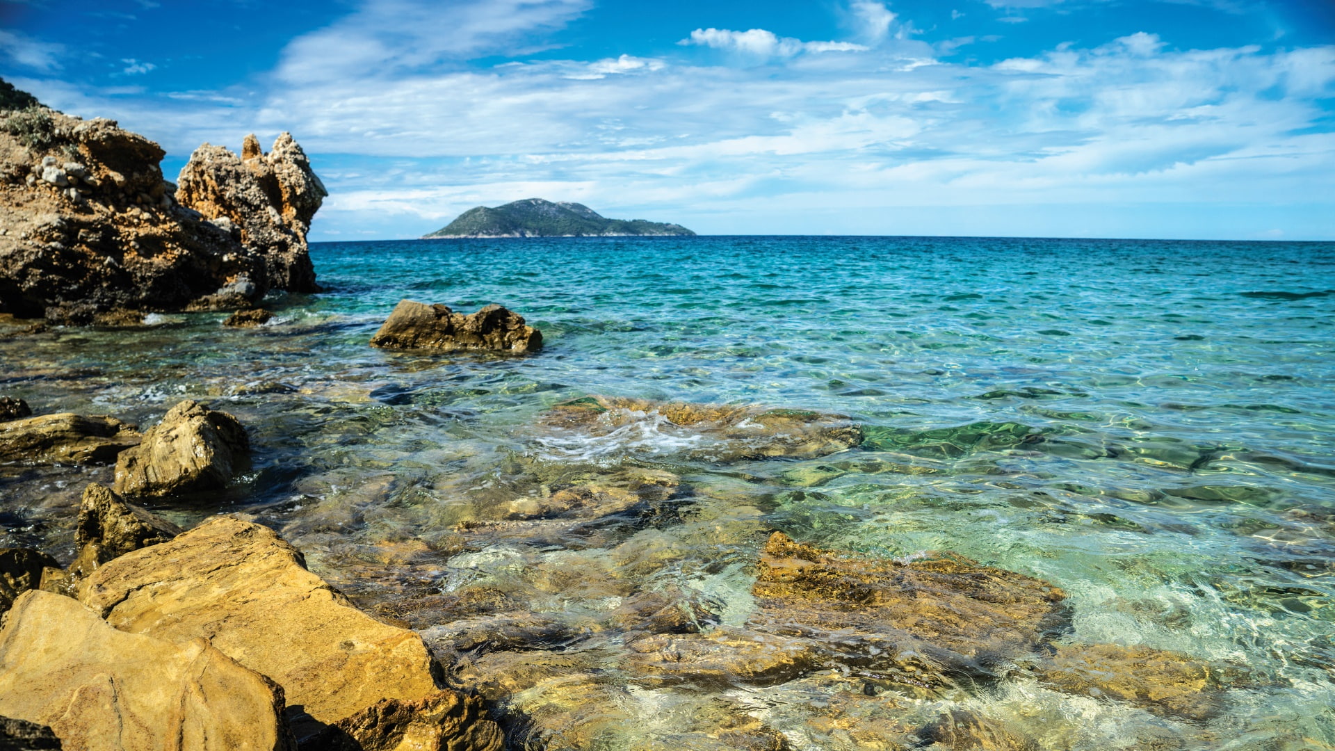 albania, karaburun peninsula, sazan, rock, horizon, island, 1080P, beach, sazan island, sea, karaburun, HD Wallpaper