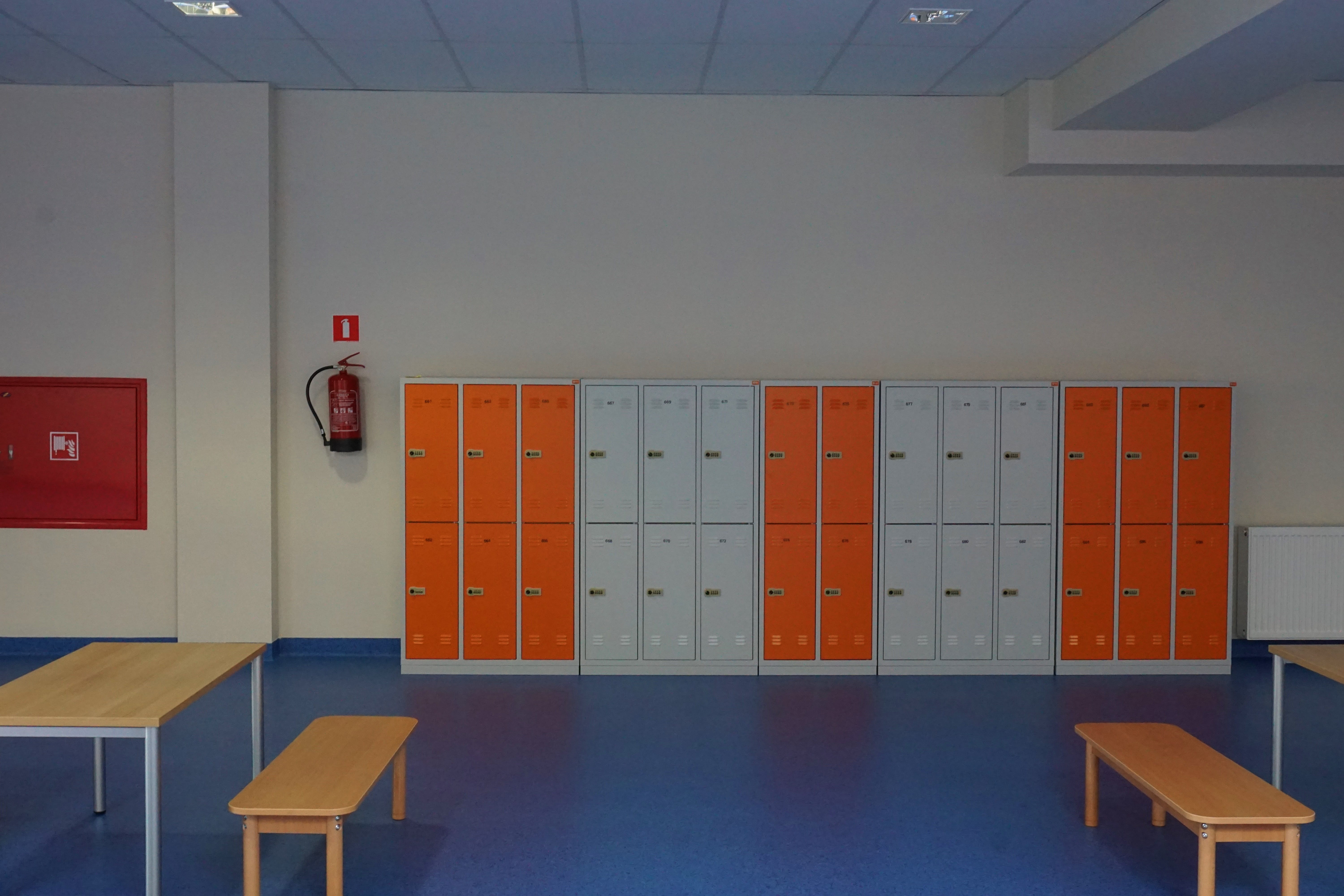 desk, Cabinets, day, safety, indoors, empty, security, furniture, chair, Corridor, no people, table, locker, School, education, seat, school building, protection, HD Wallpaper
