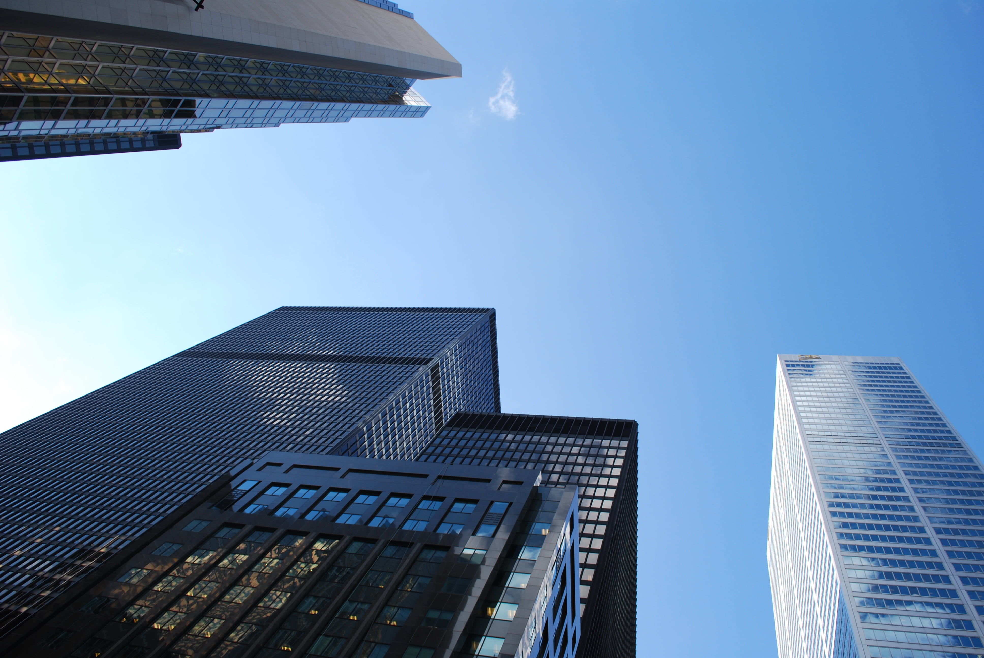 perspective, glass, metal, clear sky, office, city, large, tower, financial district, steel, urban, corporate, rise, skyscraper, outdoor, directly below, HD Wallpaper