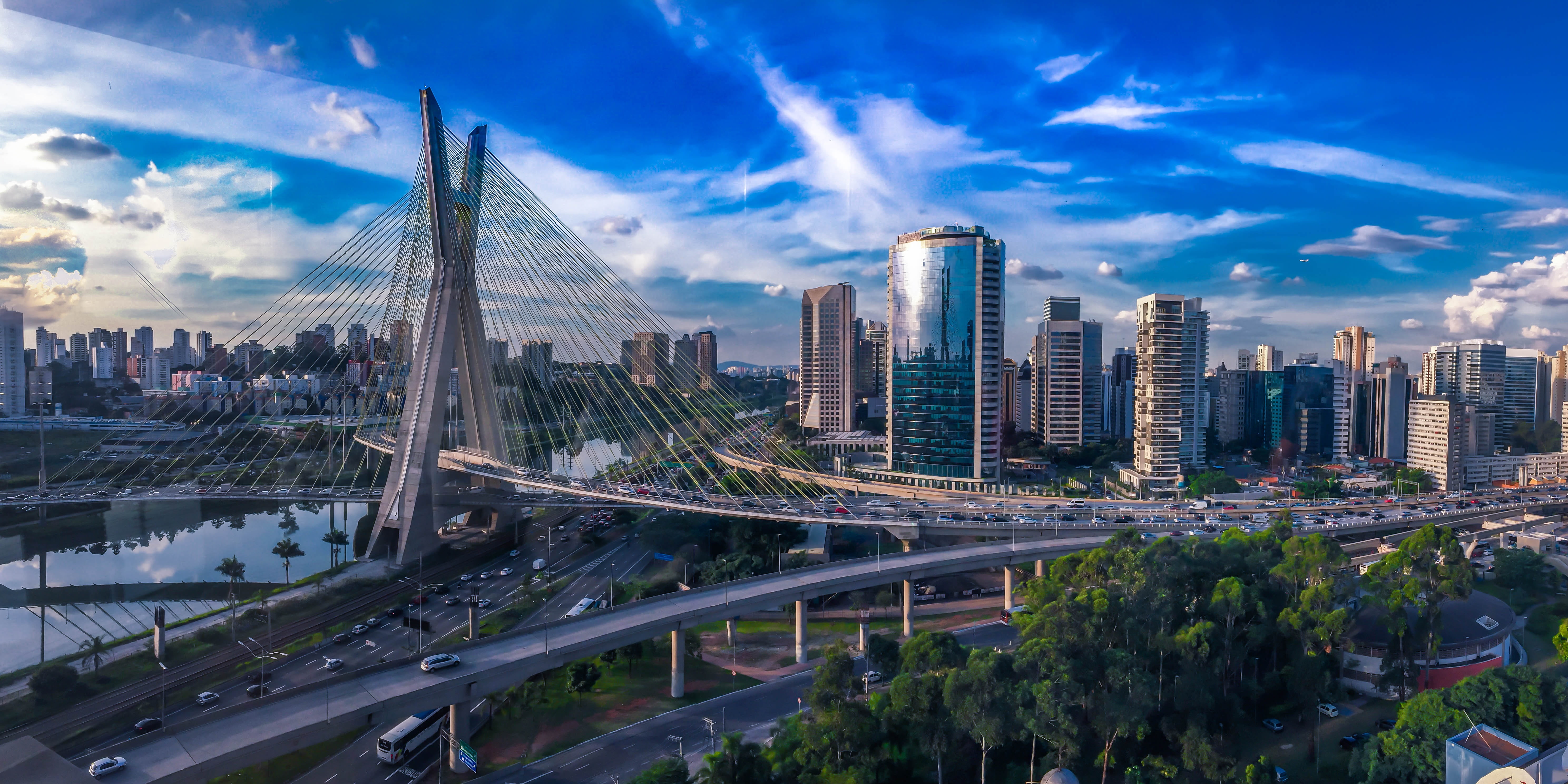 transportation, flat, 5K, bridge, modern, landscape, construction, skyscraper, apartment, panorama, built structure, urban, design, residential district, HD Wallpaper