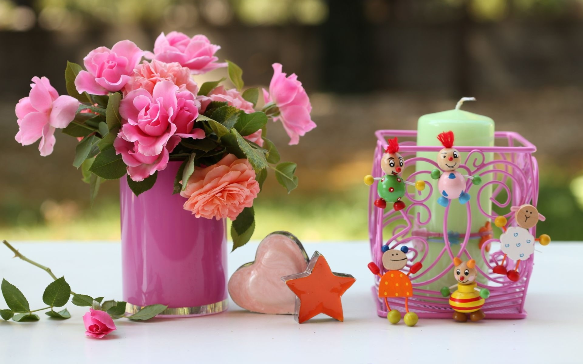 Pink, Rose, Flowers, 1080P, Candle, Toy, HD Wallpaper