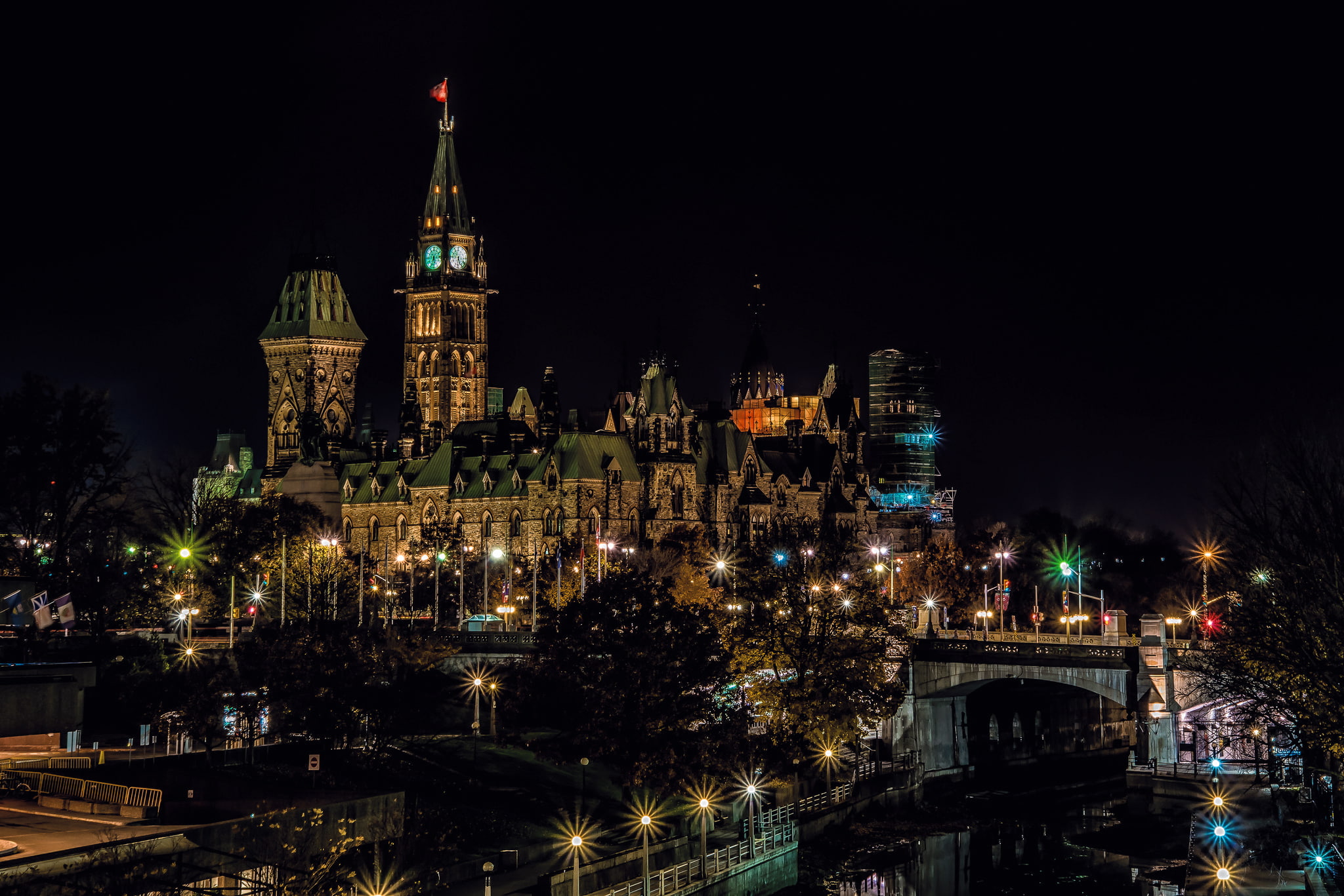 Canada, lights, tower, night, 1080P, Ottawa, HD Wallpaper