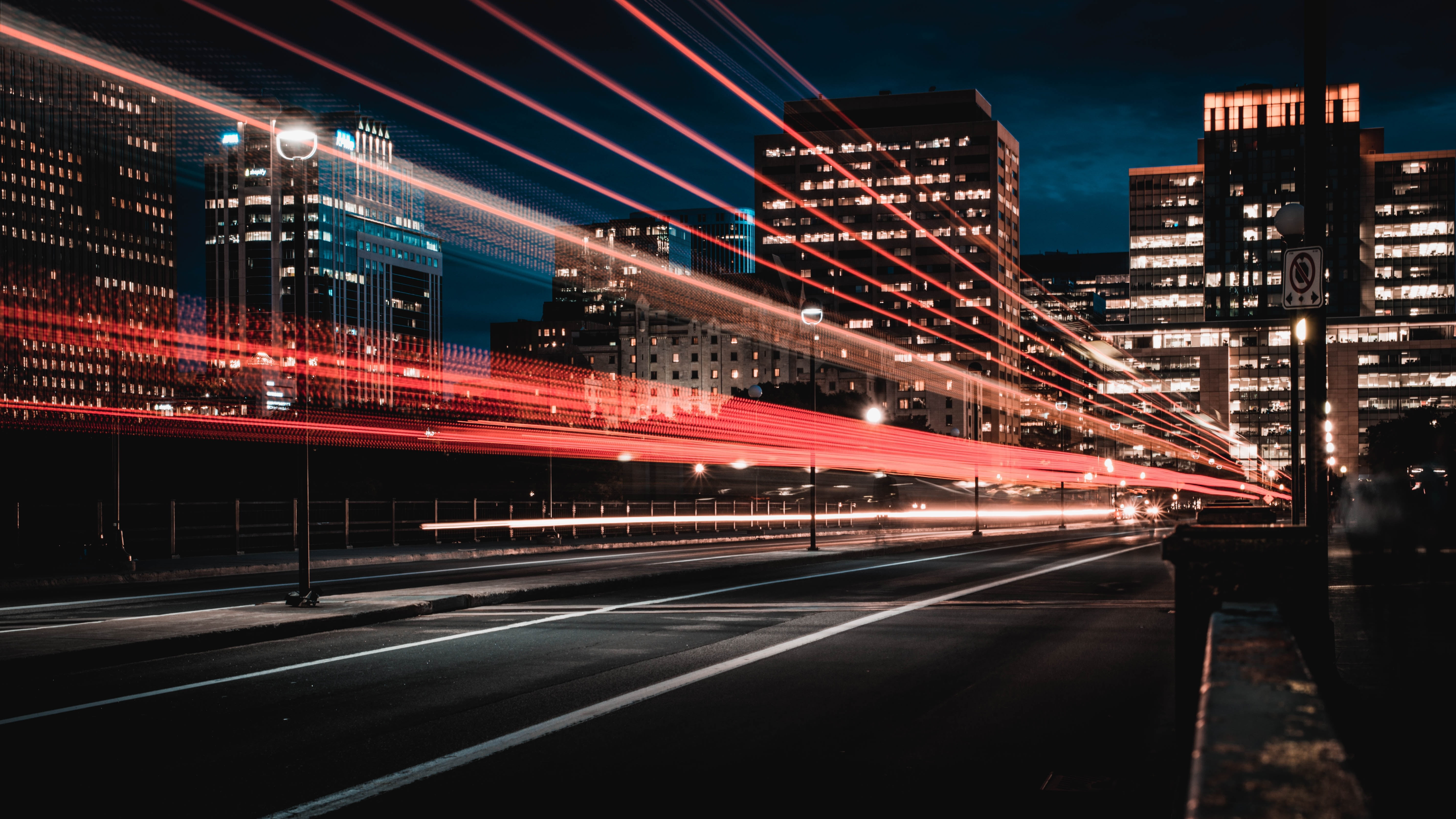 famous Place, motion, night, skyscraper, blue, tail Light, built Structure, downtown District, road, travel destinations, dusk, canada, building Exterior, HD Wallpaper