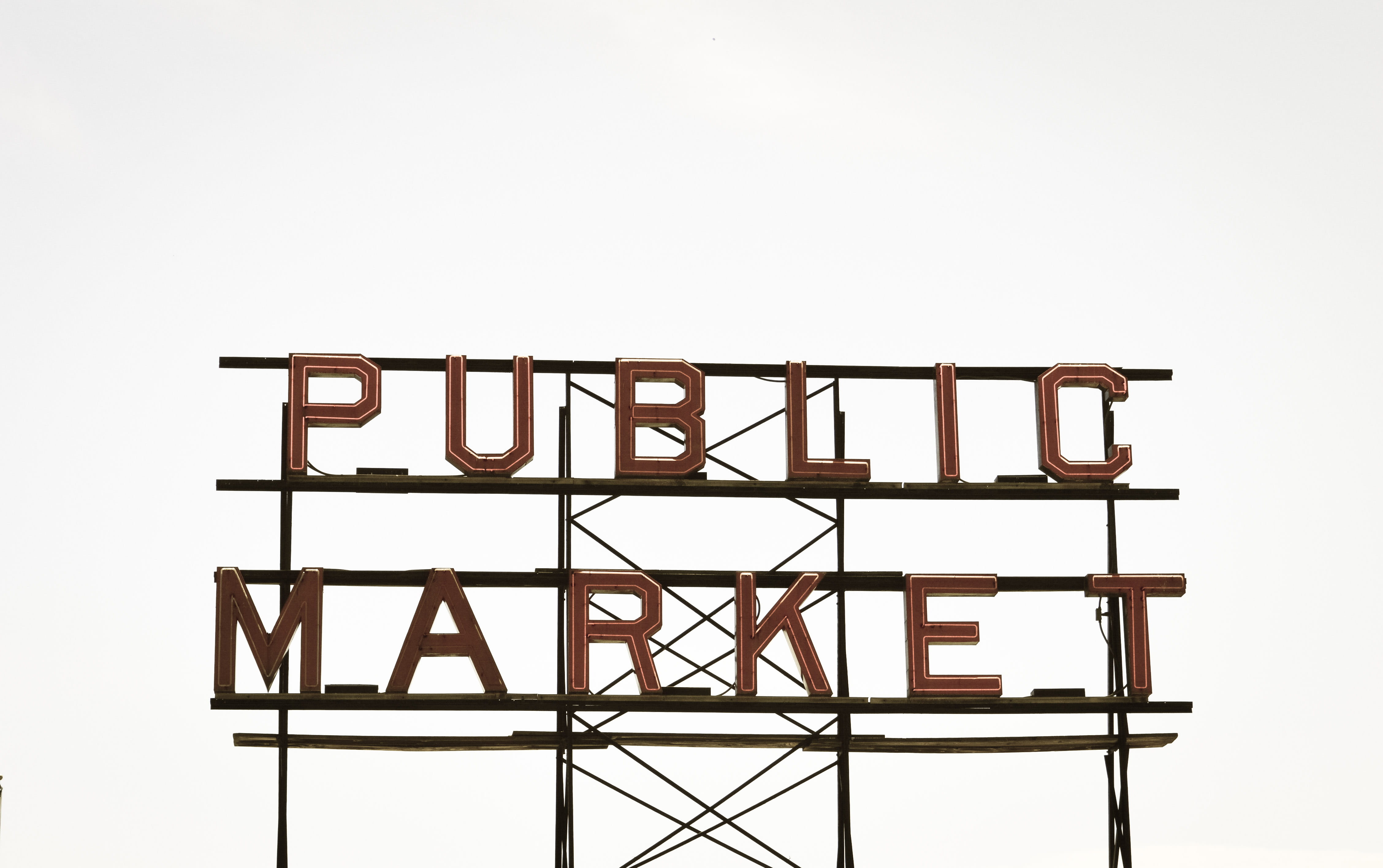 white background, communication, western script, capital letter, architecture, Public Market, metal, low angle view, market, sky, clear sky, public, day, HD Wallpaper