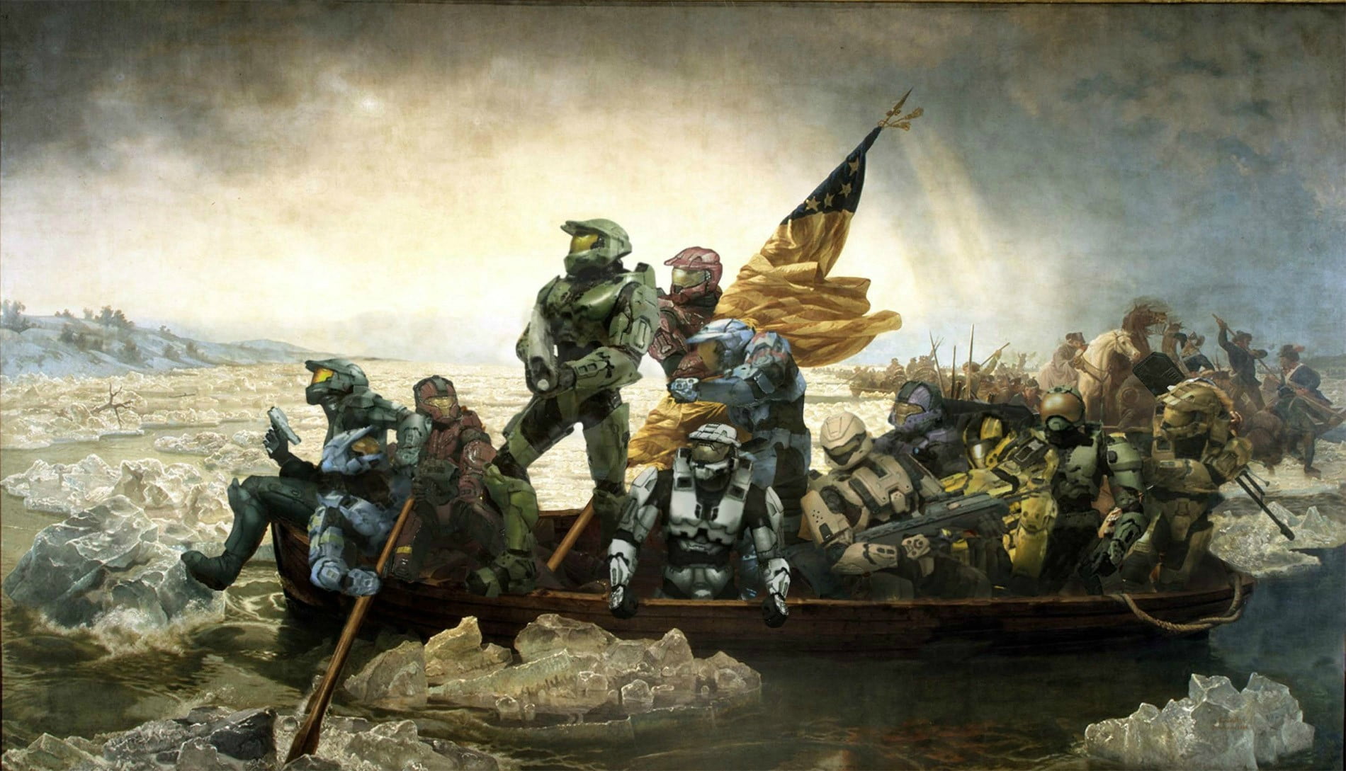 art and craft, male likeness, human representation, the past, government, figures, water, battle, conflict, nautical vessel, architecture, action, Master Chief, HD Wallpaper