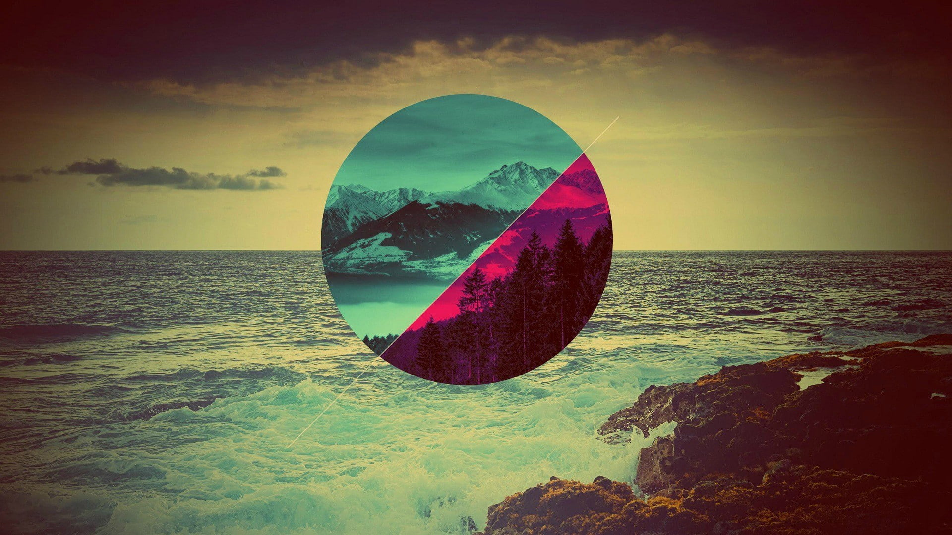 1080P, art, digital art, alternative, 1920x1080, alternative art, nature, mountain, trees, digital, sea, HD Wallpaper