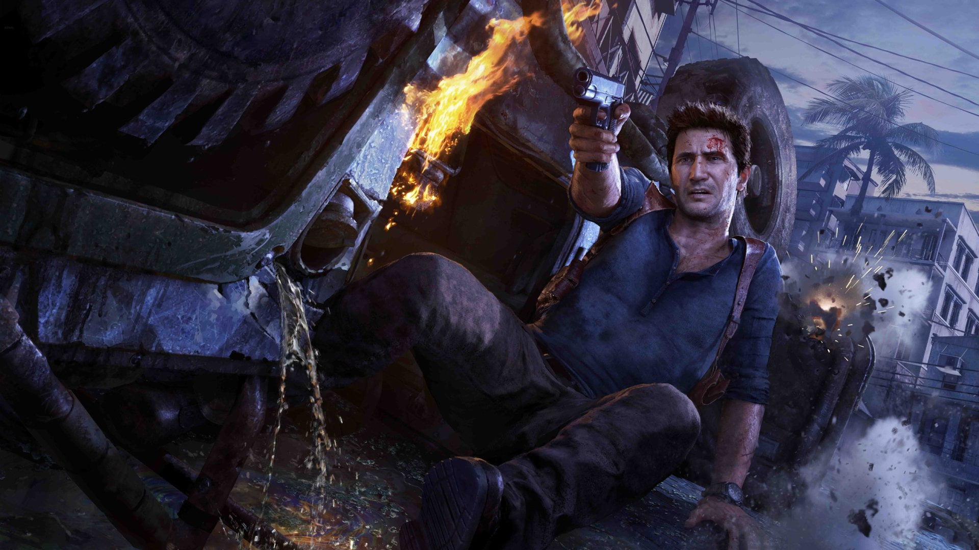three quarter length, males, drake, illustration, front view, real people, fire, fire - natural phenomenon, occupation, young adult, portrait, Uncharted 4: A Thiefs End, HD Wallpaper