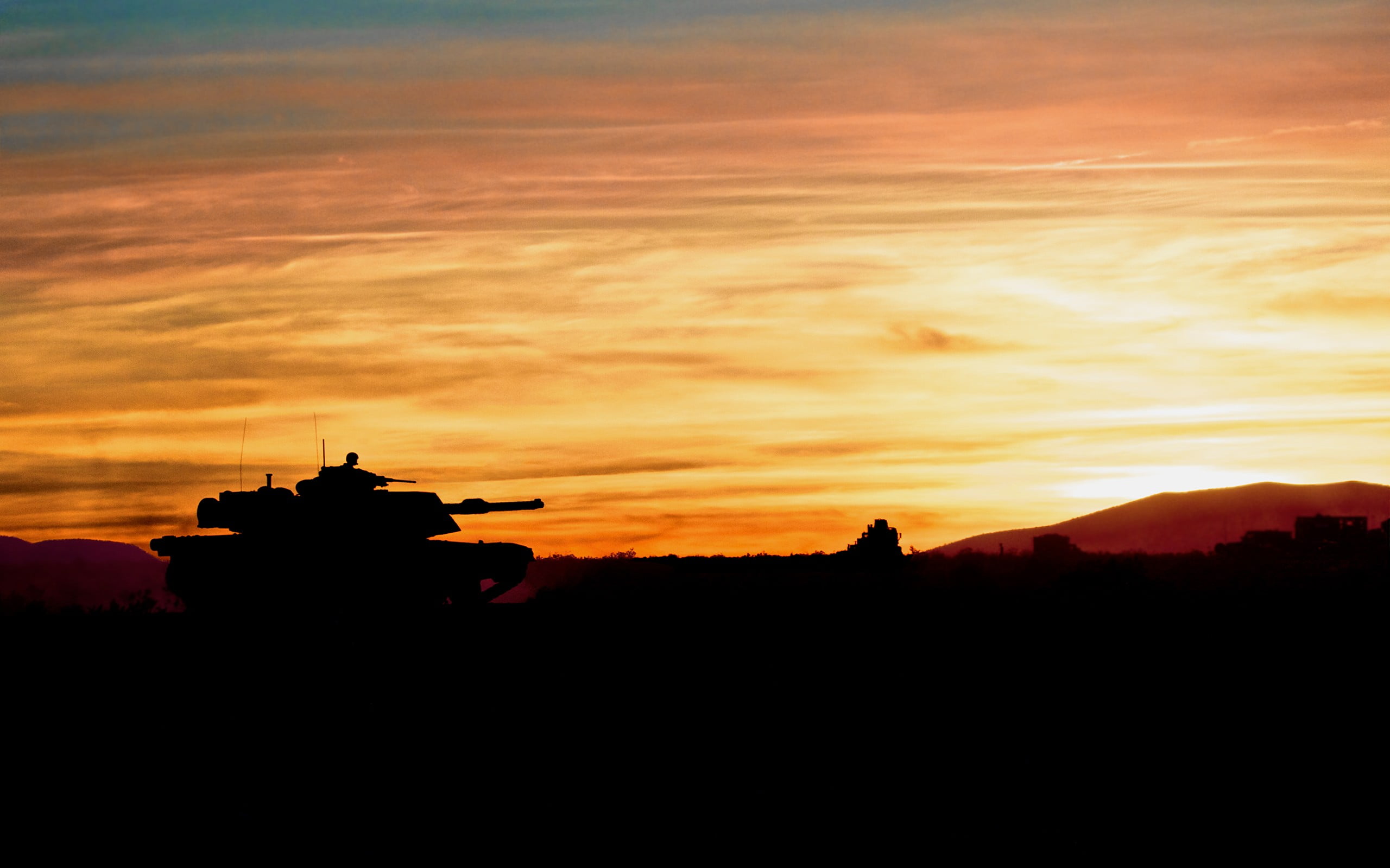 sky, battle, tank, outdoors, M1 Abrams, nature, beauty in nature, place of worship, cloud - sky, landscape, orange color, sunset, military, tranquility, HD Wallpaper
