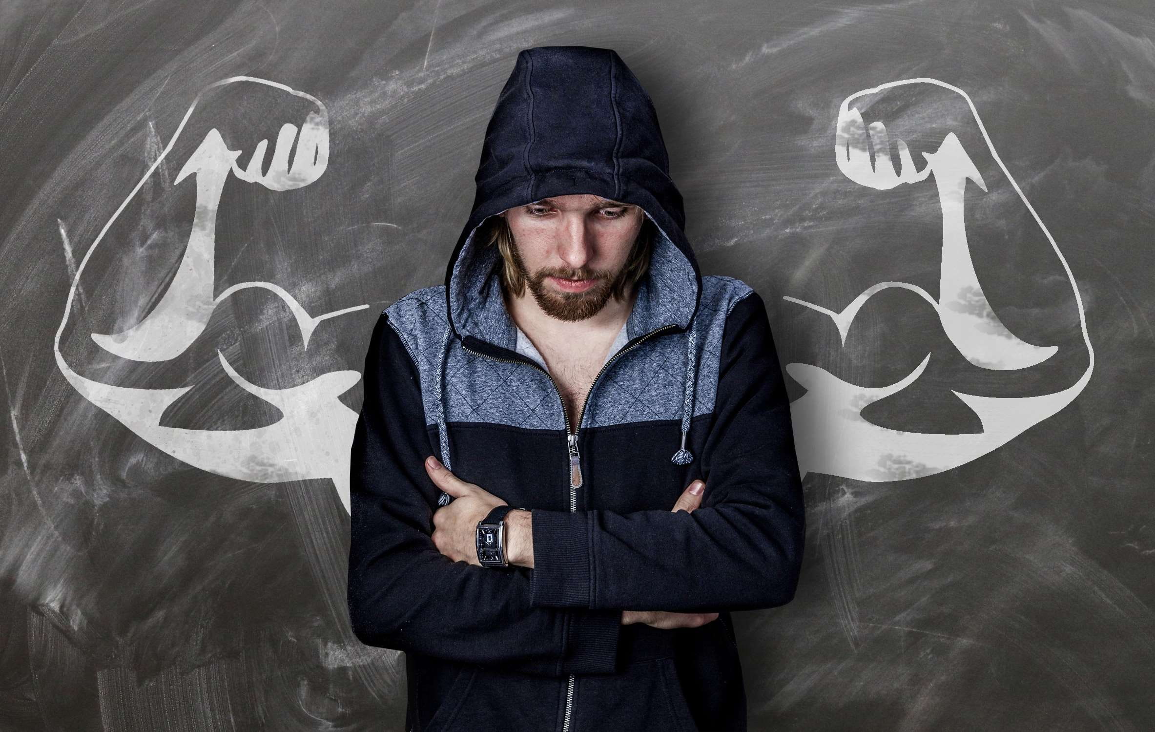 portrait, one person, disappointment, chalk, hooded shirt, dream, model, muscles, lifestyles, facial hair, adult, real people, young adult, pose, background, HD Wallpaper