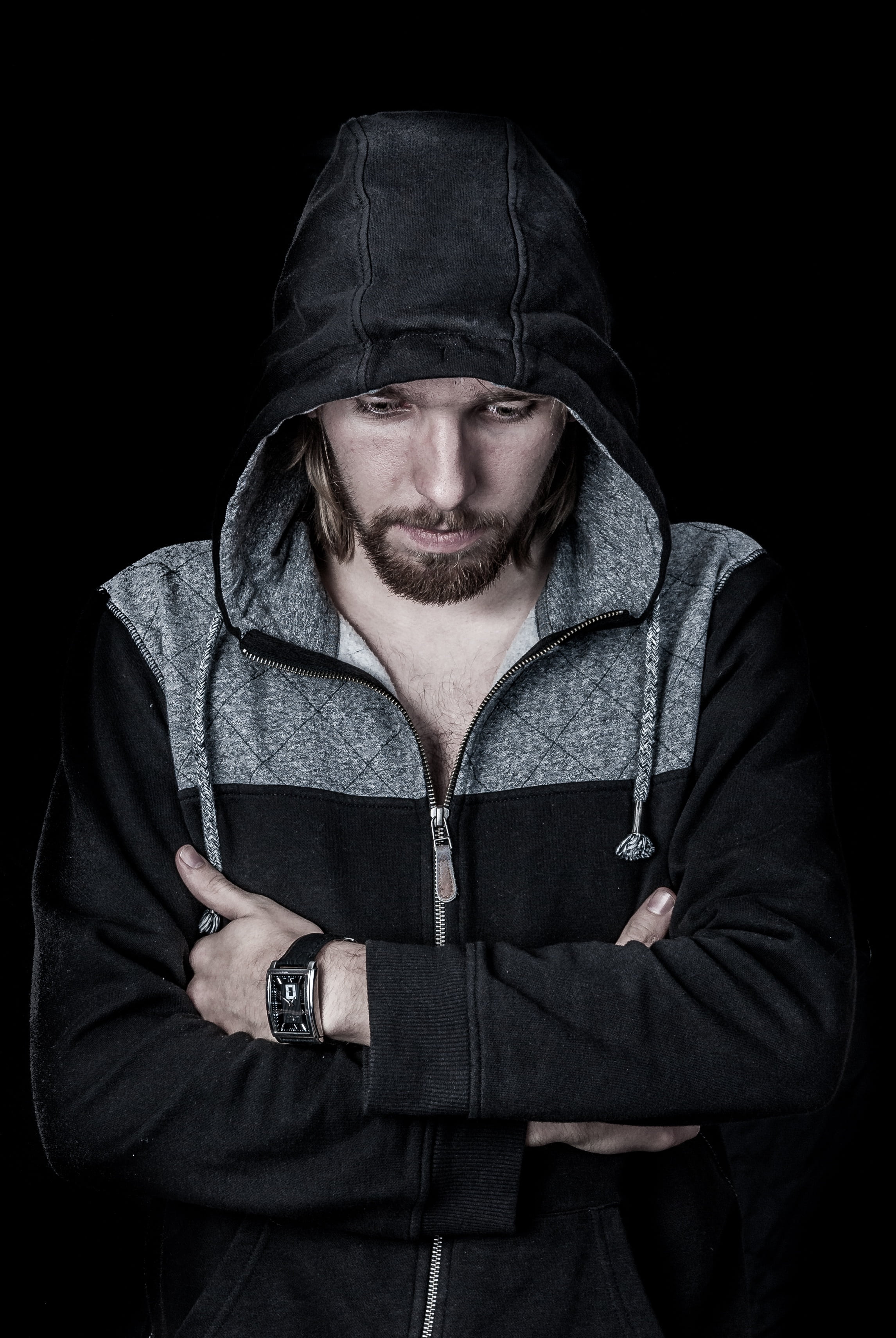 studio shot, sight, will, hooded shirt, adults only, black background, young adult, indoors, standing, portrait, strong will, boy, the young man, hood - clothing, Phone HD Wallpaper