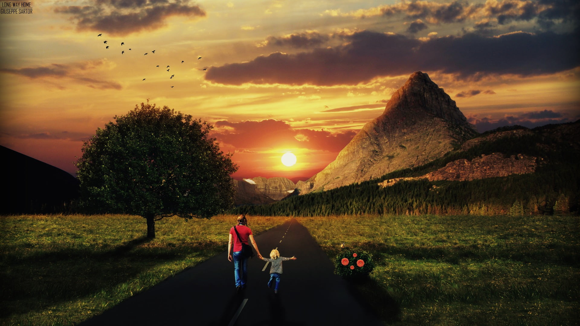 sun, tree, sister, sky, two people, plant, field, positive emotion, nature, person, two, road, cloud - sky, grasses, beauty in nature, people, men, togetherness, HD Wallpaper