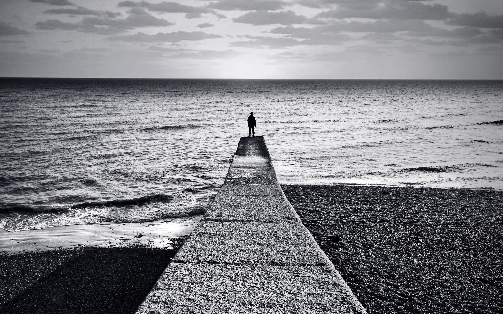 scenics - nature, beach, land, tranquility, sea, the way forward, beauty in nature, leisure activity, water, alone, standing, monochrome, tranquil scene, HD Wallpaper