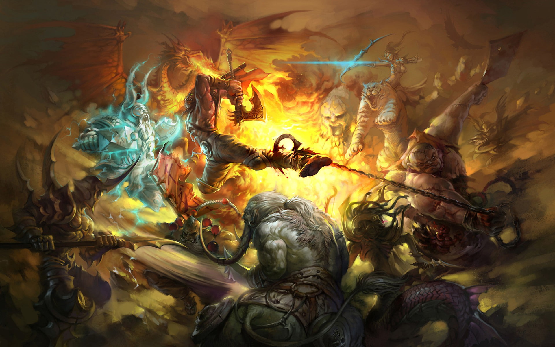 Tigers, px, long, monsters, Fire, hd, w, warcraft, Action, DotA, III, swords, people, x, hair, 1920x1200 px, art, bow, weapon, dragons, fantasy, 1080P, HD Wallpaper
