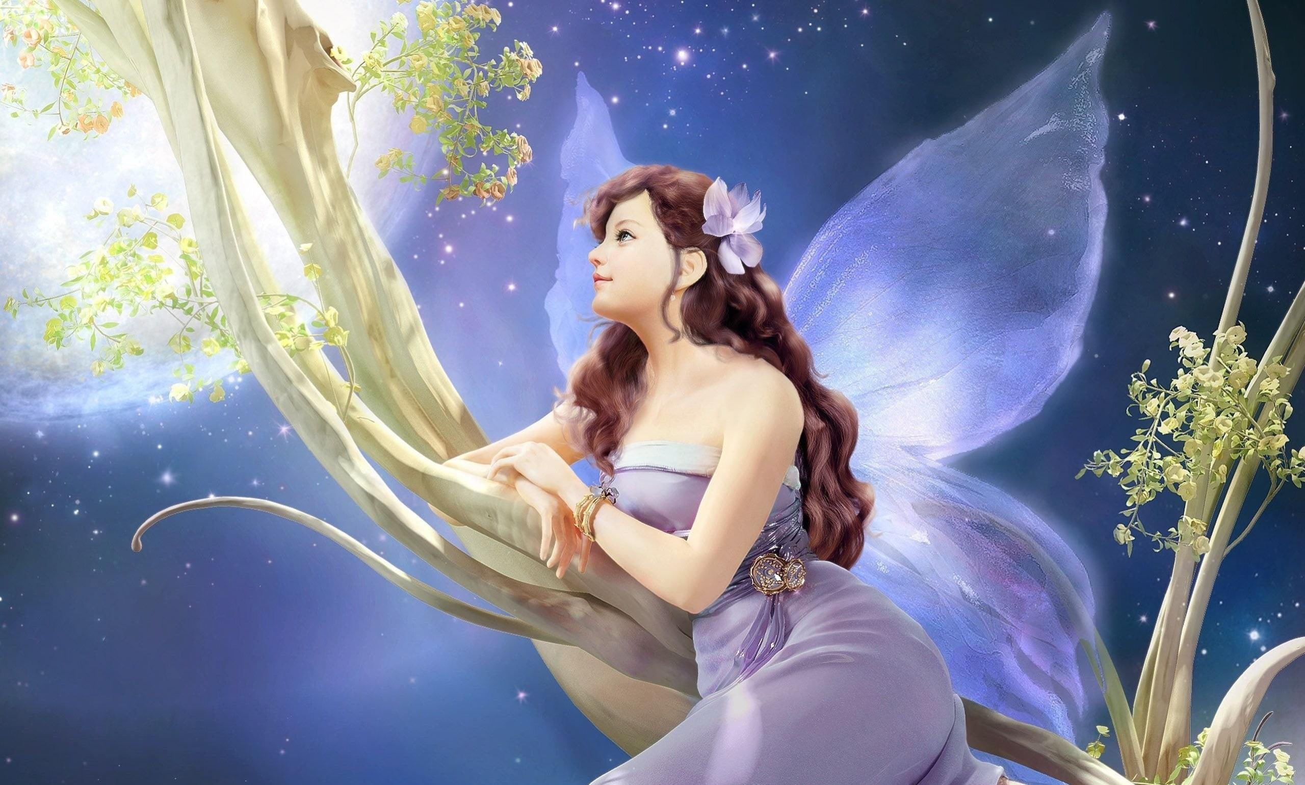 fairy, fantasy, girl, tree, 2K, HD Wallpaper
