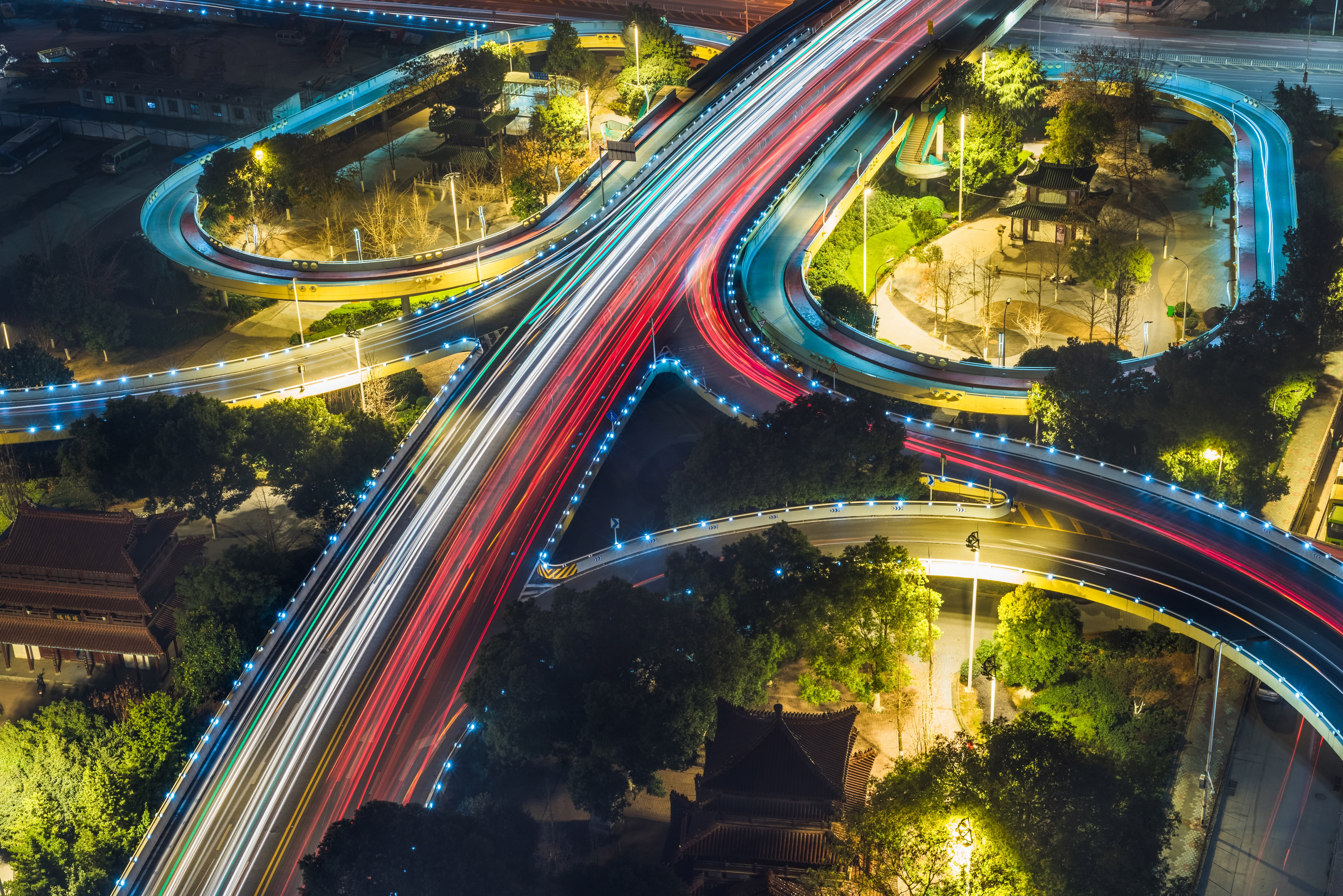 connection, city, road, nature, houses trees, no people, high angle view, motion, 5K, excerpt, concrete, blur, transportation, night, architecture, overpass bridge, HD Wallpaper