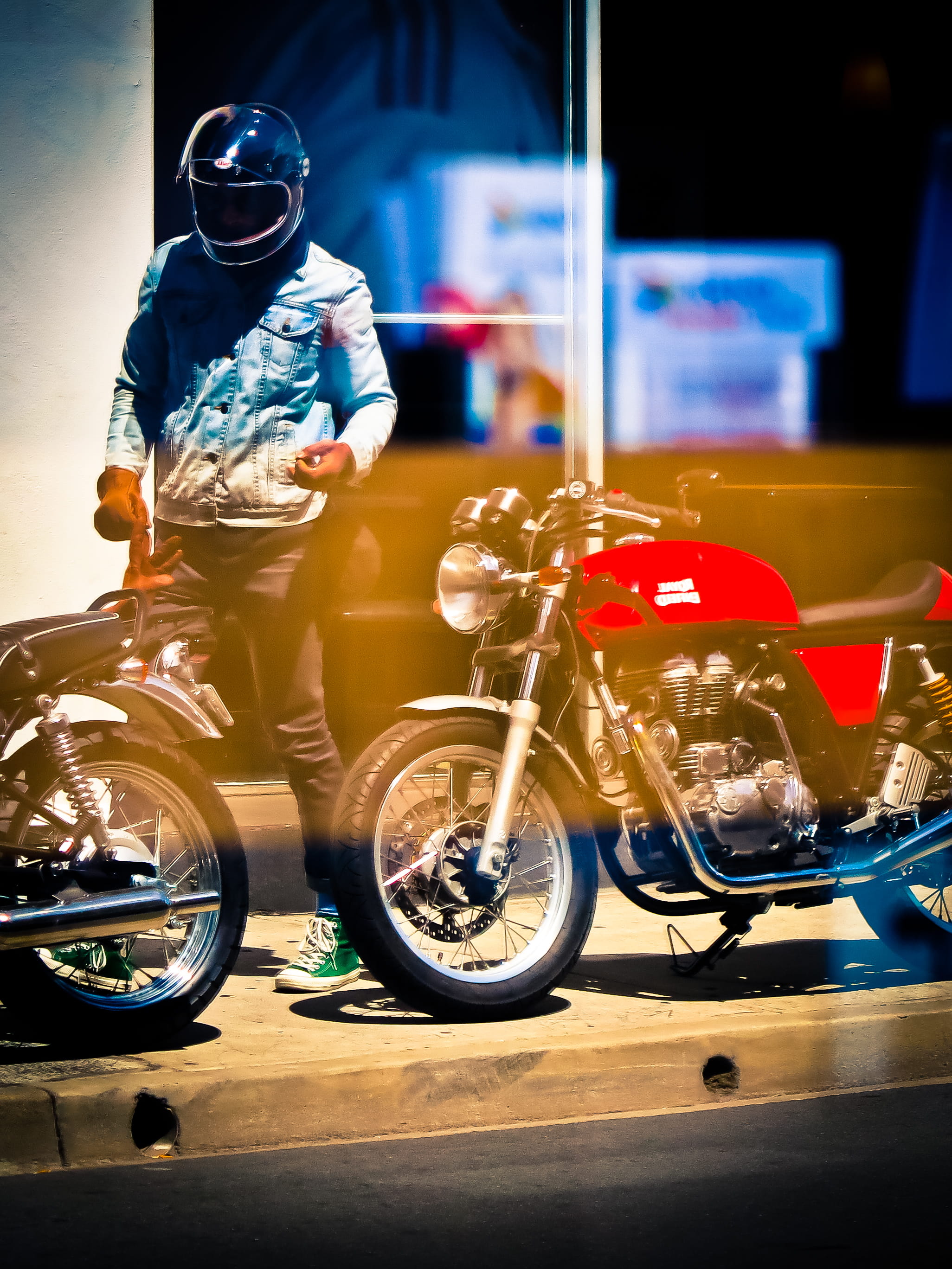 red and black, mode of Transport, sports helmet, near, blurred motion, land vehicle, transportation, urban Scene, biker, crash helmet, red, people, one person, Phone HD Wallpaper
