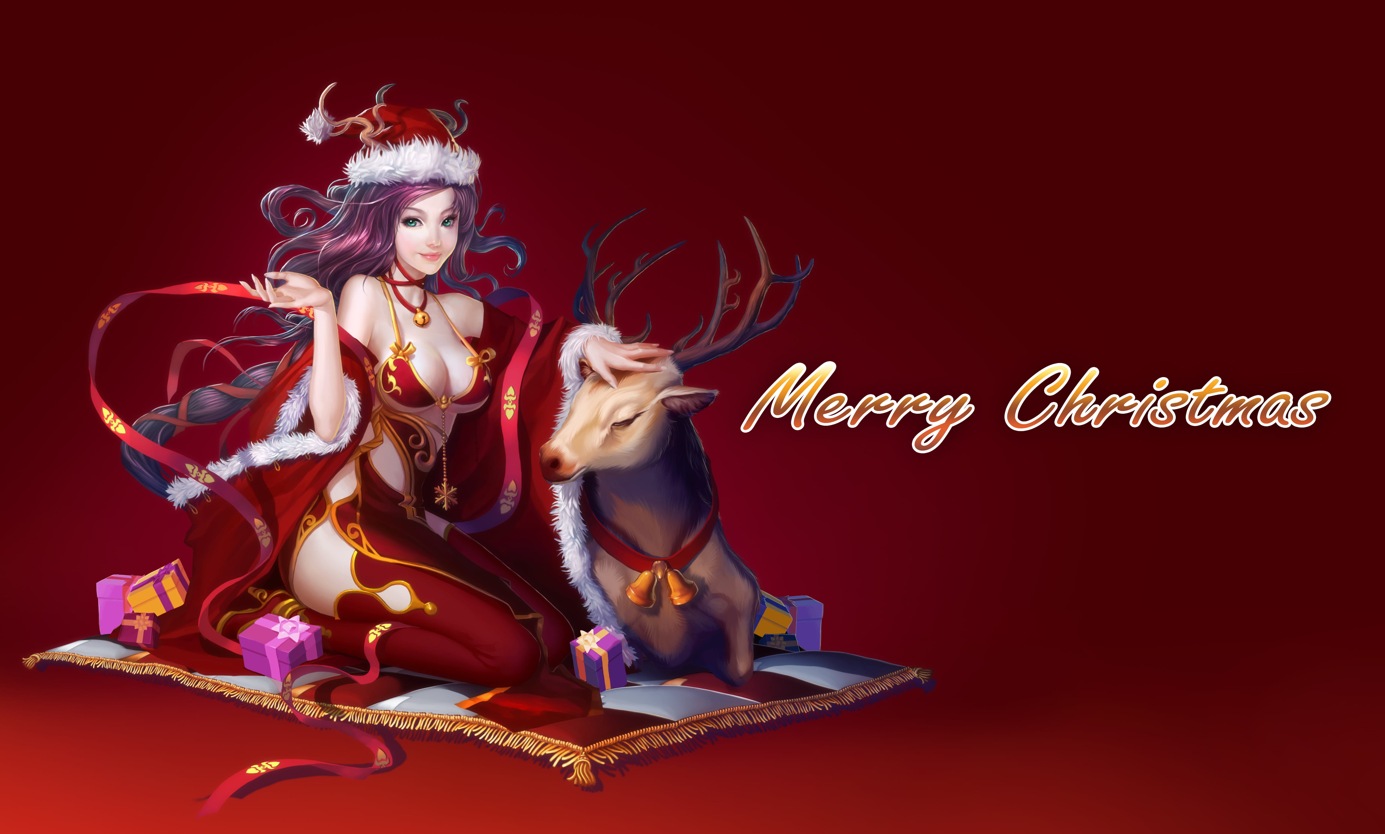 Mat, colored background, text, one person, women, indoors, christmas, Merry Christmas, full length, red, gifts, adult, merry, deer, celebration, red background, HD Wallpaper