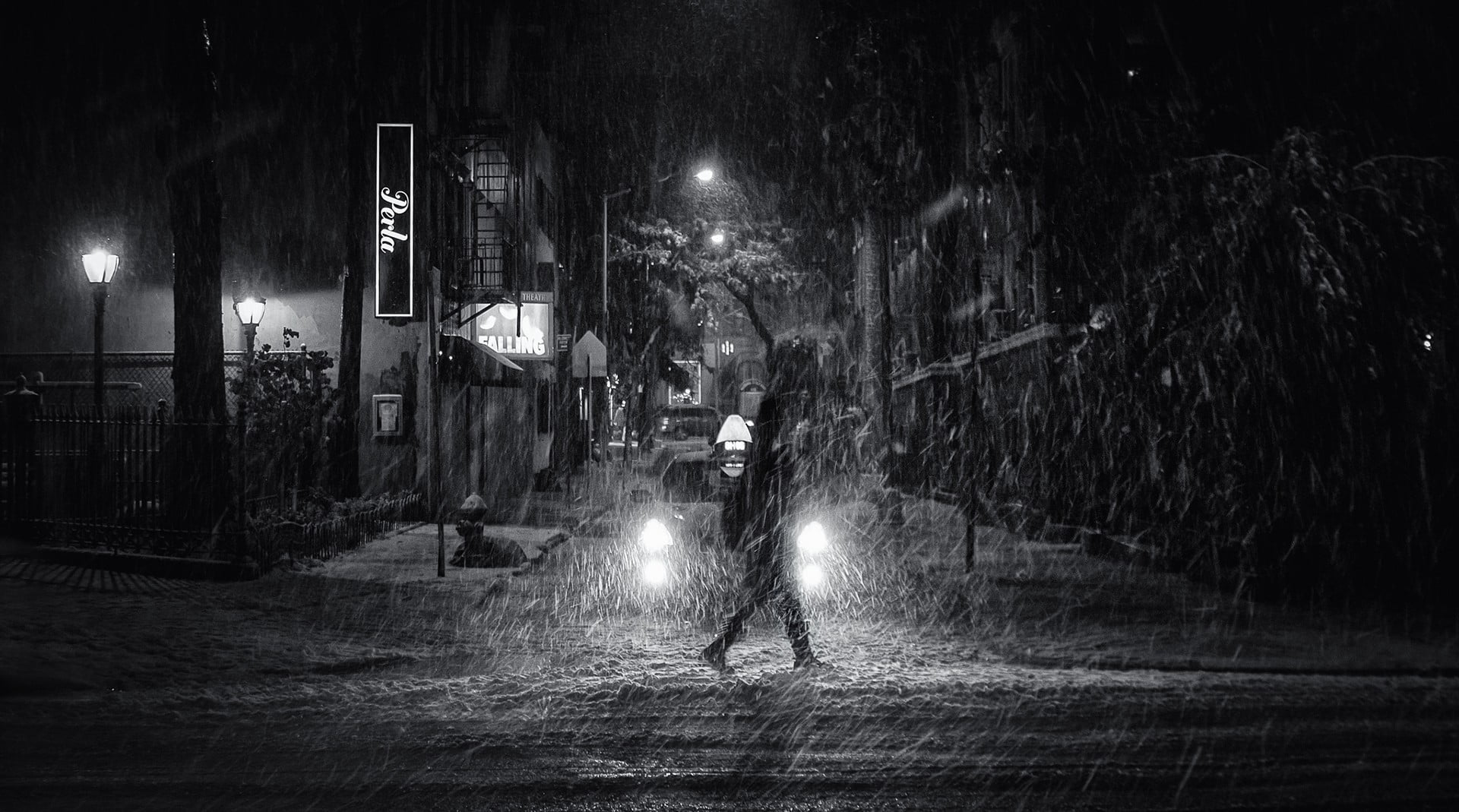 lifestyles, person, direction, transportation, grayscale, rain, 1080P, built structure, lighting equipment, road, night, outdoors, one person, light, real people, HD Wallpaper