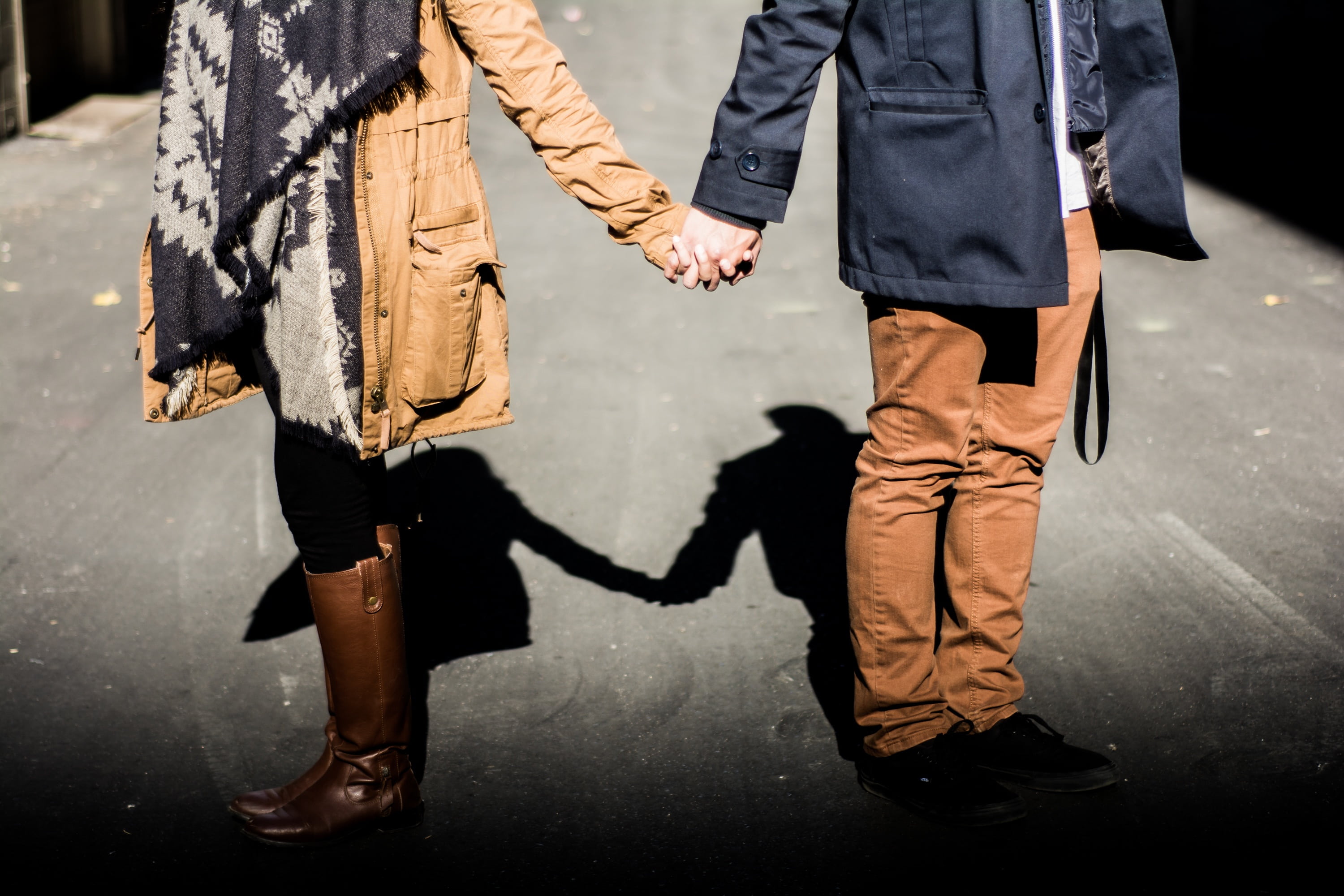 person, girl, young couple, hands, city, emotion, young adult, man, men, adult, sunlight, middle, casual clothing, 2K, two, road, shadow, people, holding hands, HD Wallpaper