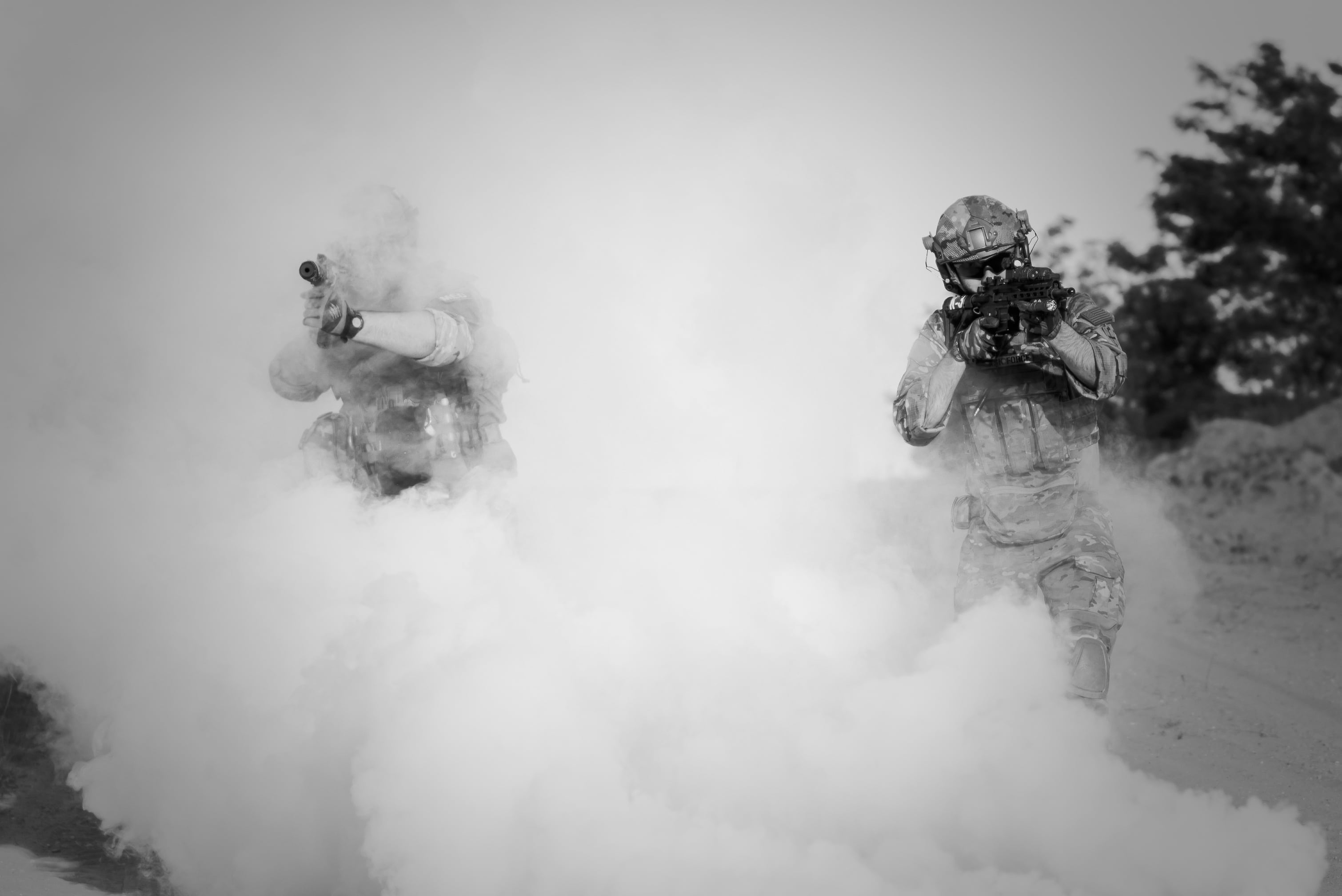 warning sign, smoke, adult, clothing, police, guns, people, sky, sand, 2K, war, assault, killer, team, desert, asg, outdoor, full length, terrorist, soldier, HD Wallpaper