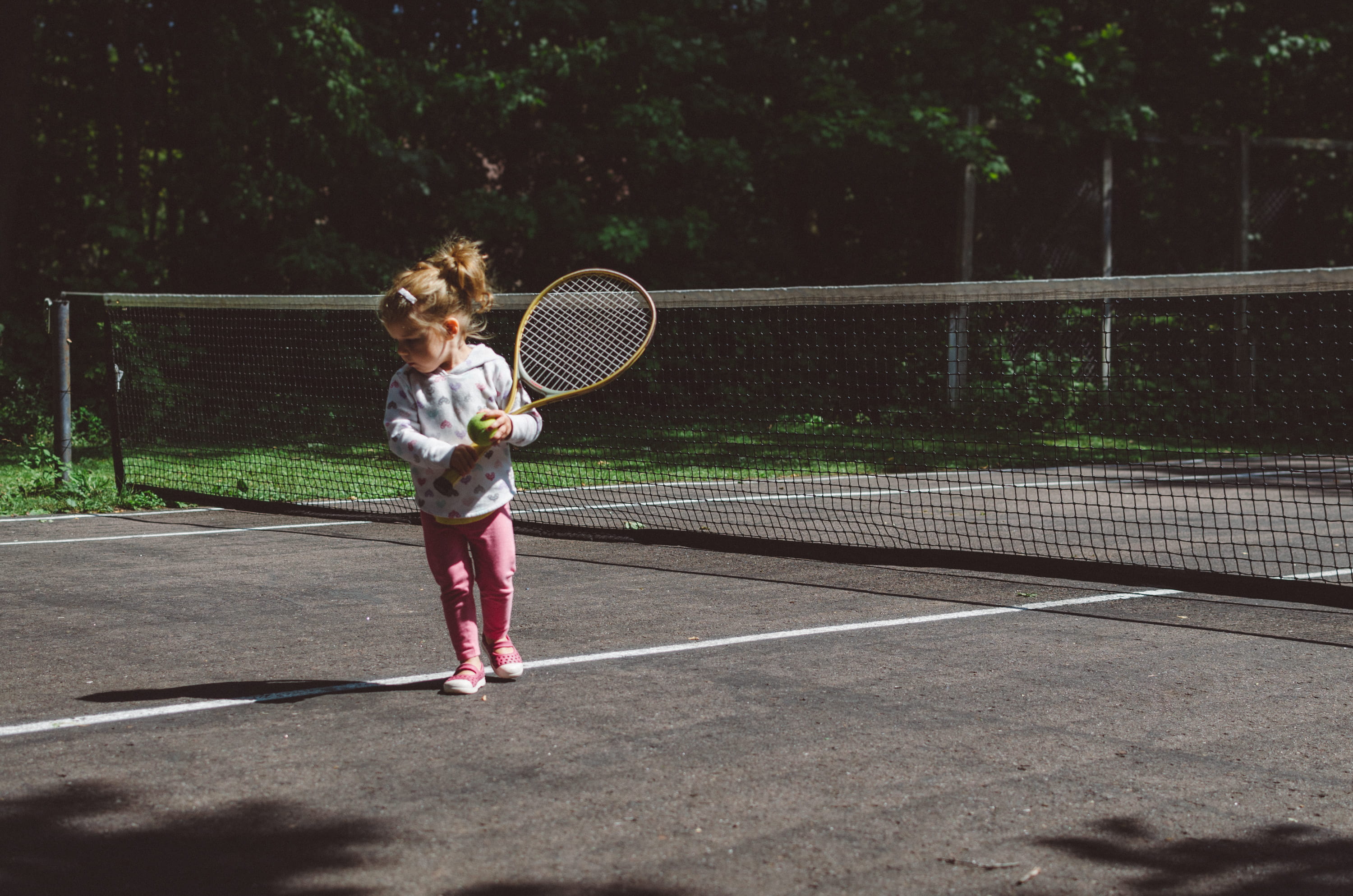 beside, toddler, brown, court, arms raised, women, day, playing, ball, shadow, lines, lawn, pitch, girls, daytime, child, tennis, girl, white, white line, HD Wallpaper