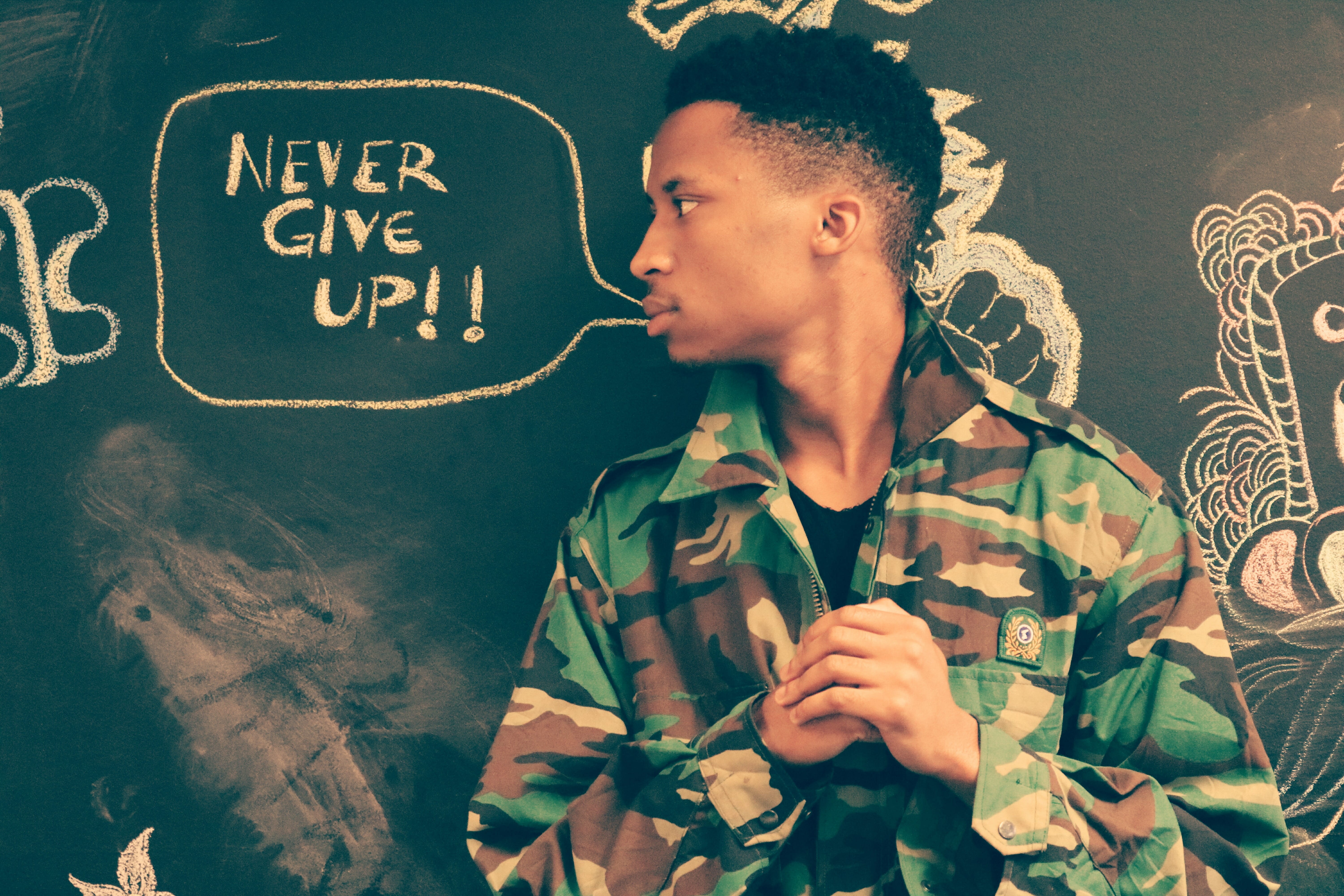 one person, communication, casual clothing, doodles, portrait, military, hustle, looking away, clothing, young men, 5K, government, brave, soldier, never give up, HD Wallpaper