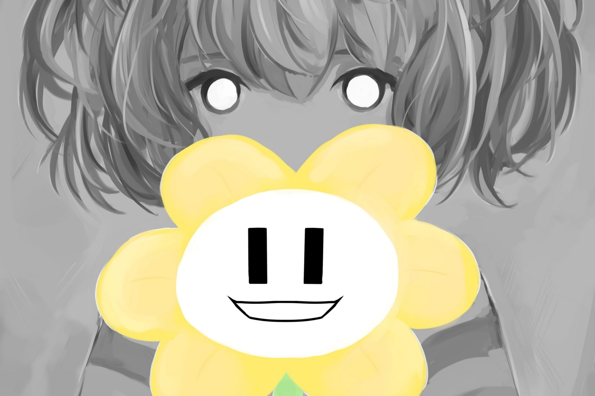 white color, face, day, standing, communication, anthropomorphic face, 1080P, representation, Undertale, art and craft, yellow, Flowey, illustration, balloon, HD Wallpaper
