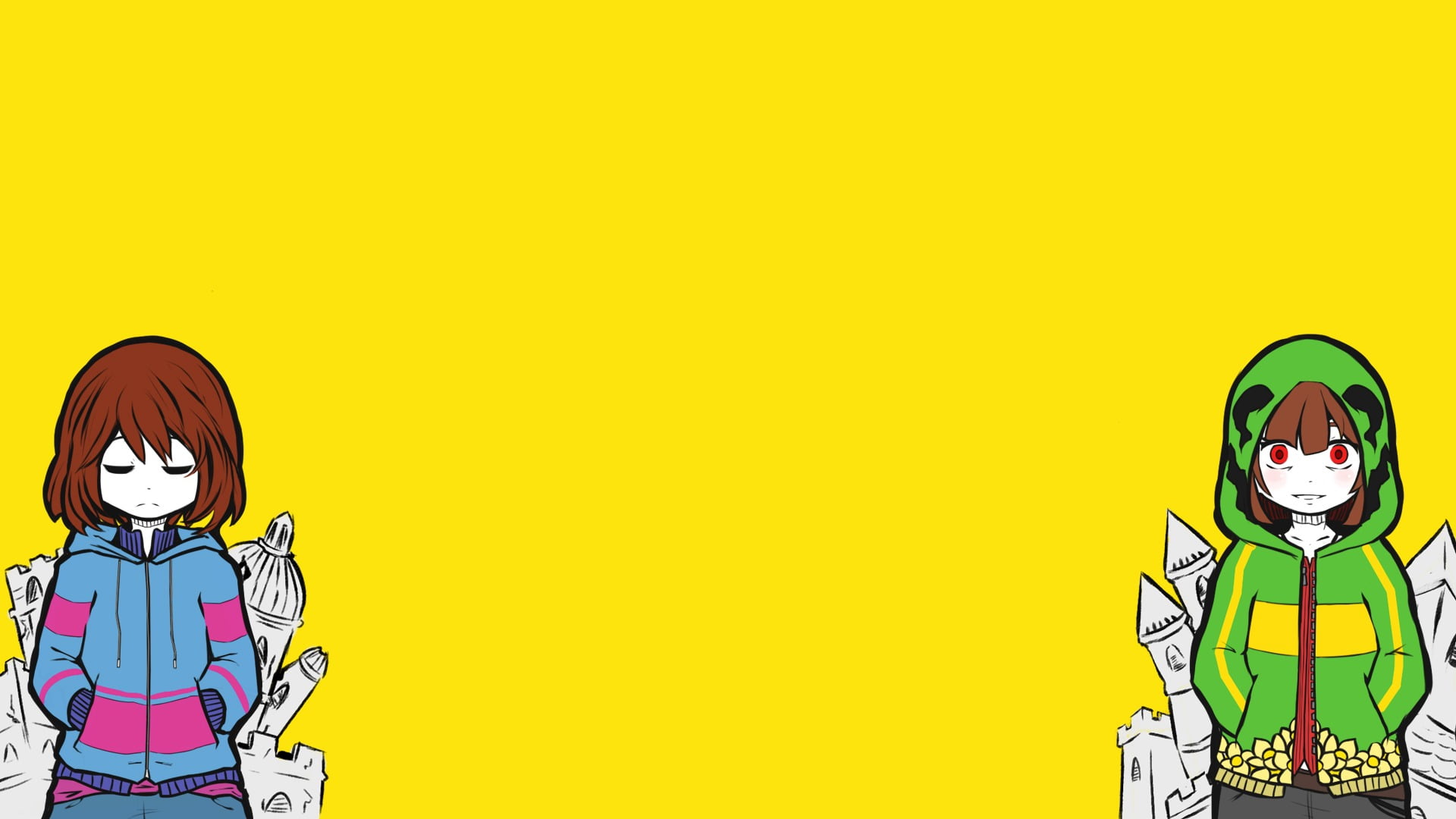 studio shot, 1080P, women, Undertale, front view, Chara, animated, Frisk, females, adult, copy space, teenager, girls, halloween, simple background, colored background, HD Wallpaper