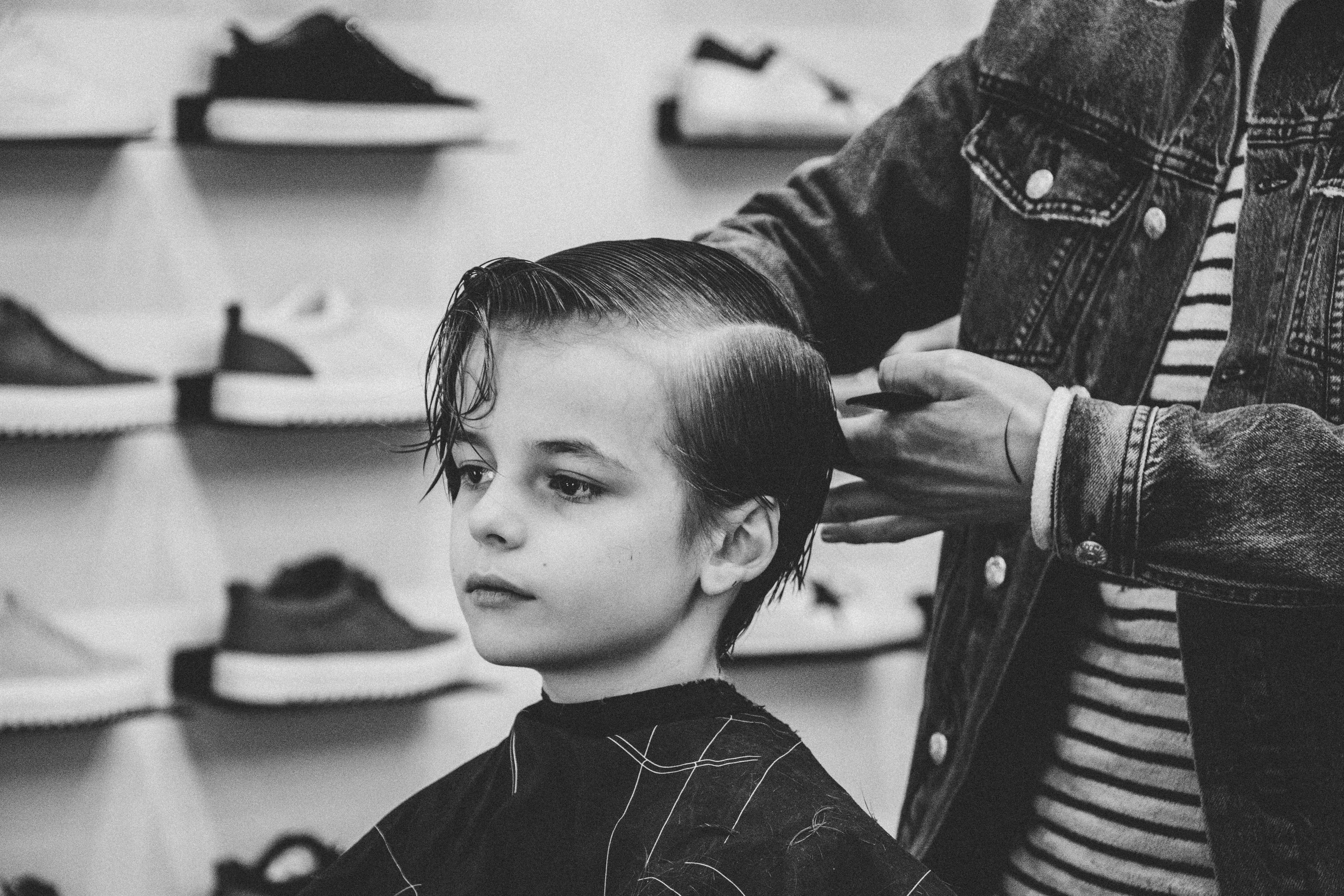 childhood, young adult, hairstyle, beauty, adult, human hair, cutting hair, human body part, grayscale, small business, beautician, two people, black and white, HD Wallpaper