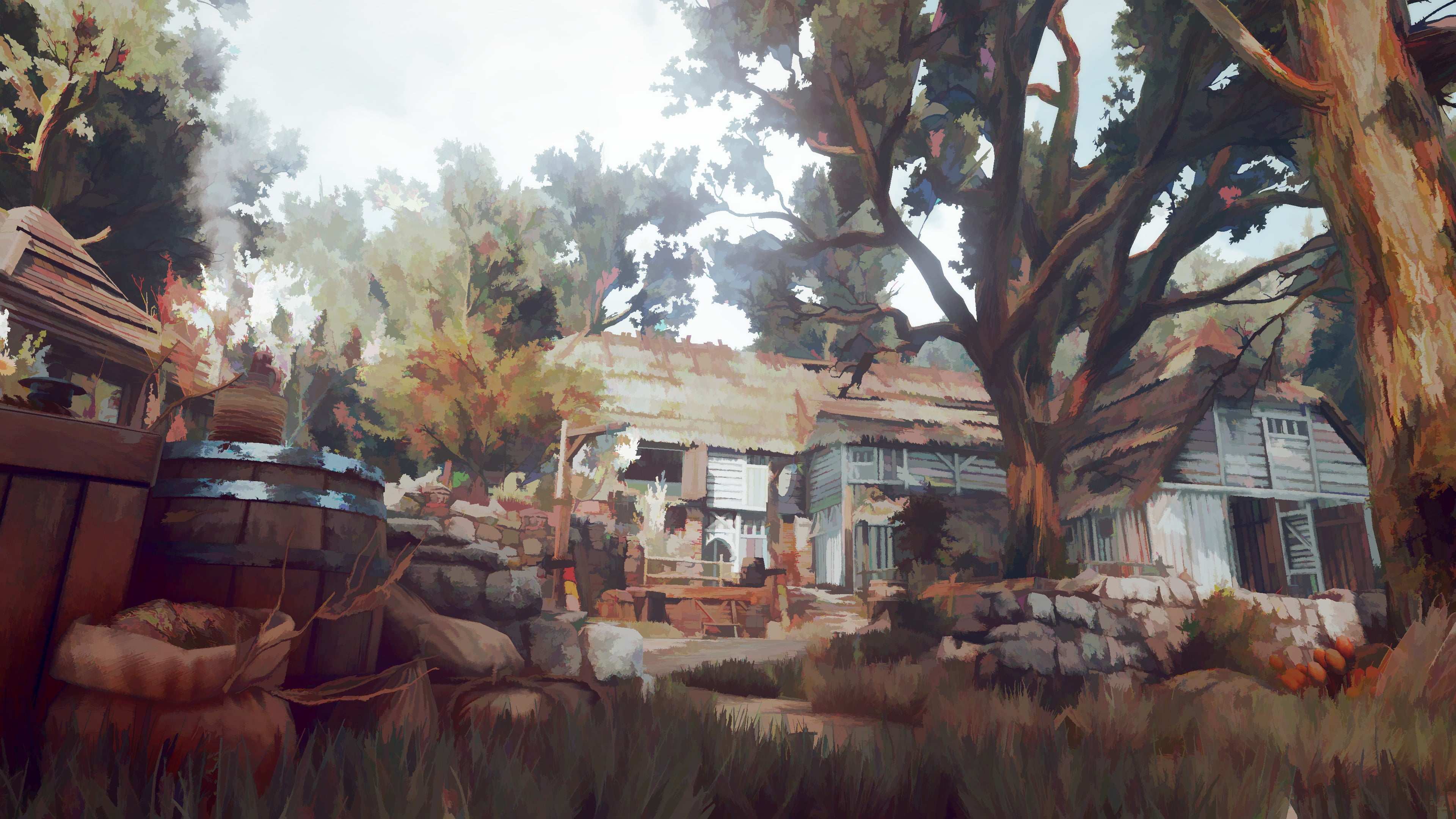 house, tranquility, autumn, brown, screen shot, sky, The Witcher 3: Wild Hunt, table, painting, wooden, no people, growth, building exterior, framed, nature, HD Wallpaper